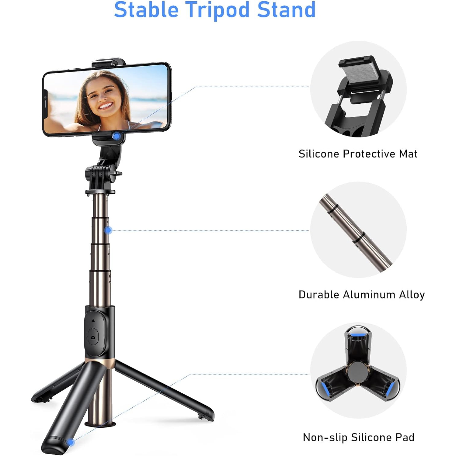 Selfie Stick, 4 in 1 Extendable Bluetooth Selfie Stick Tripod, 360° Rotation Stable Tripod Stand with Detachable Wireless Remote, for GoPro, Small