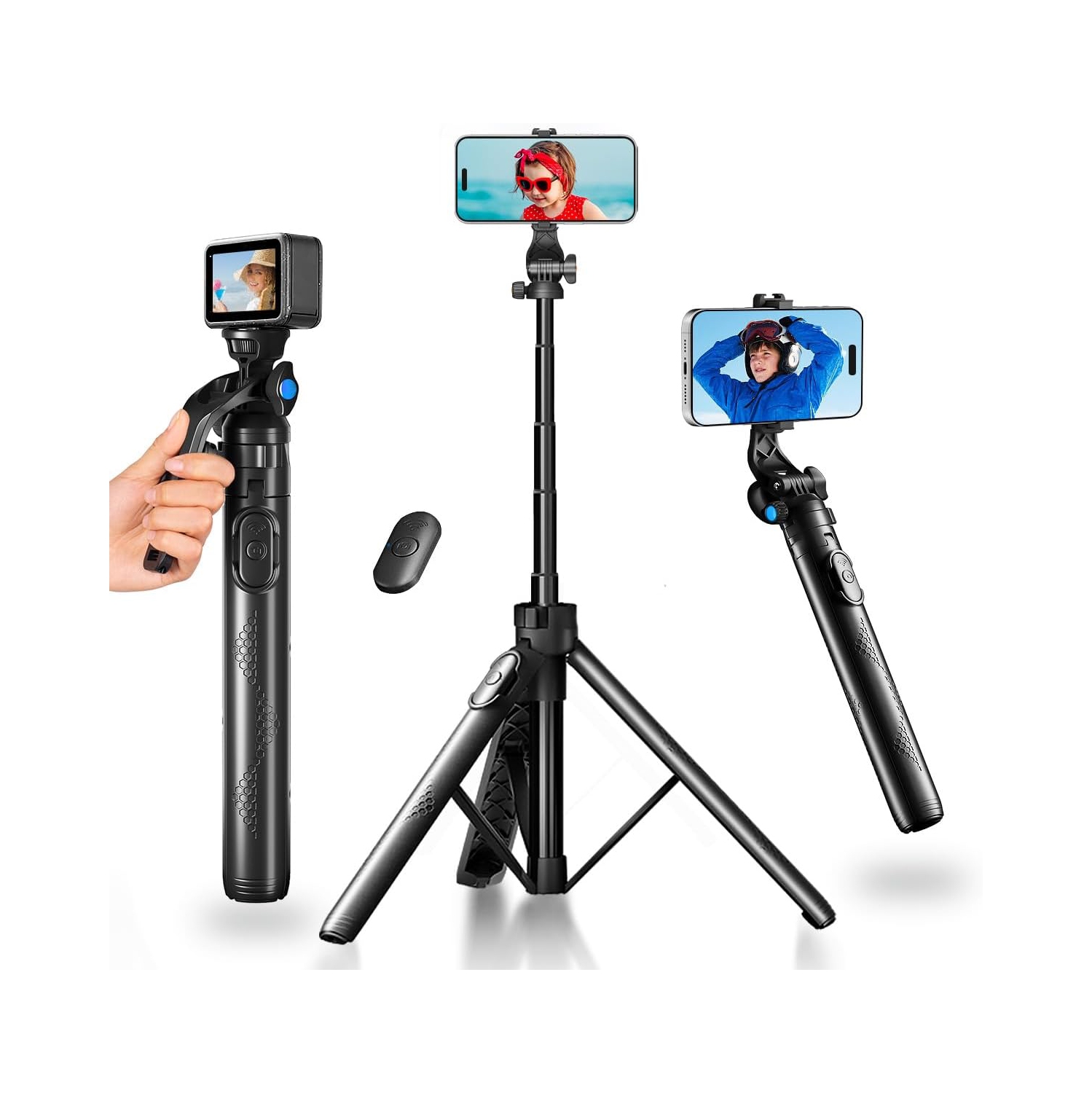 Trépied pour égoportraits de 63 po avec télécommande sans fil, trépied pour téléphone trépied portatif de voyage compatible avec iPhone 15 Android