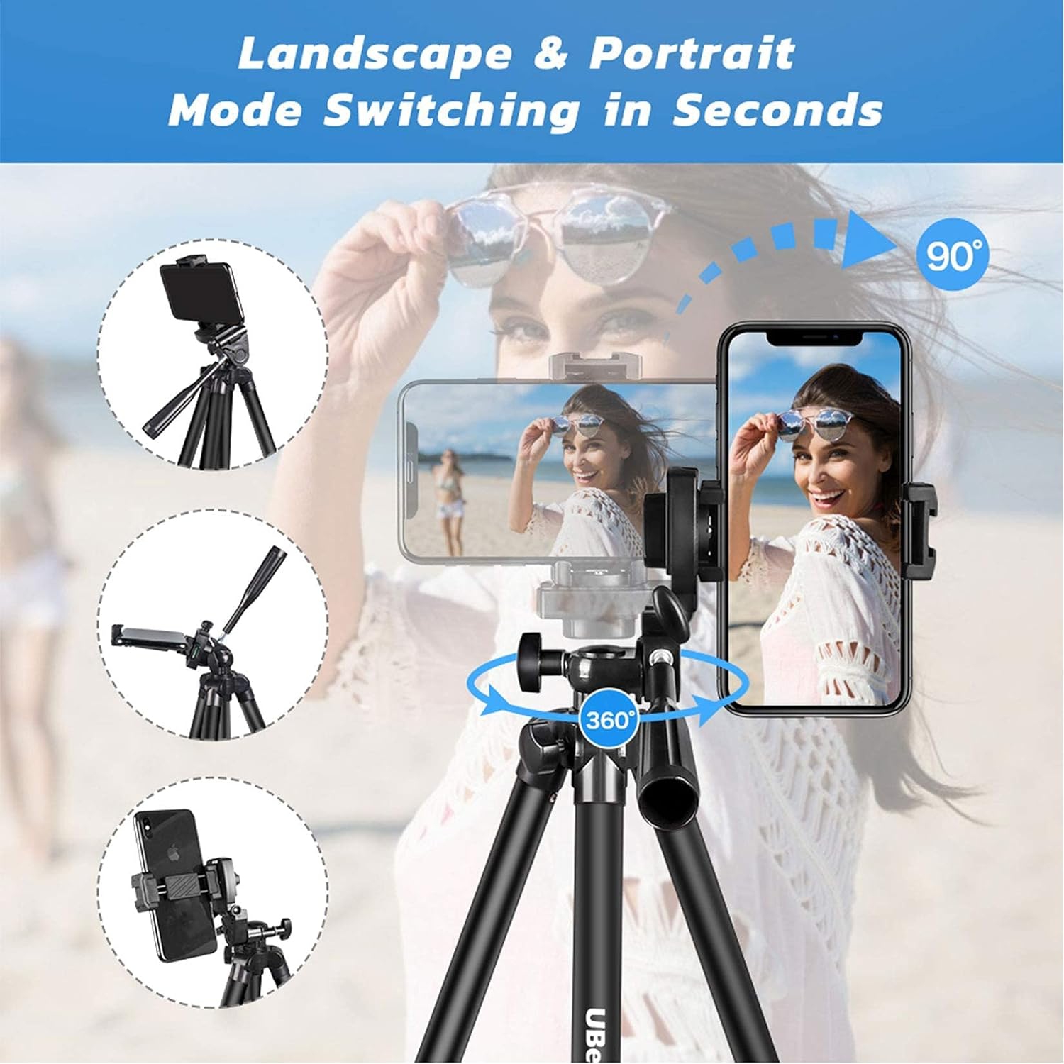 50" Adjustable Travel Video Tripod Stand , Phone Tripod with Cell Phone Mount Holder & Smartphone Bluetooth Remote, Compatible with iPhone/Android