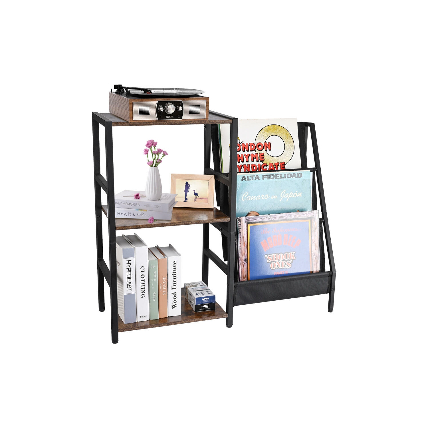 Record Player Stand with 3-Tier Vinyl Record Storage, Turntable Stand as Vinyl Record Storage Cabinet, Vinyl Holder Display Shelf and Nightstand Side Table End Table