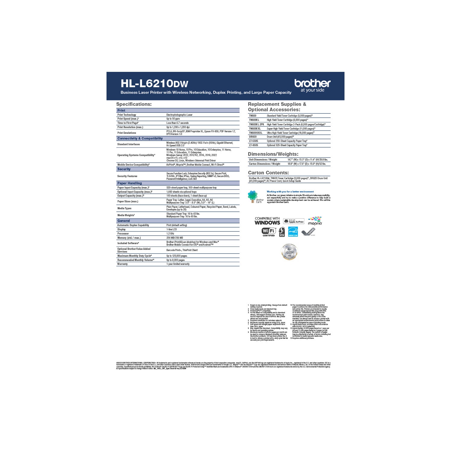 Brother HL-L3220CDW HL-L6210DW Business Monochrome Laser Printer