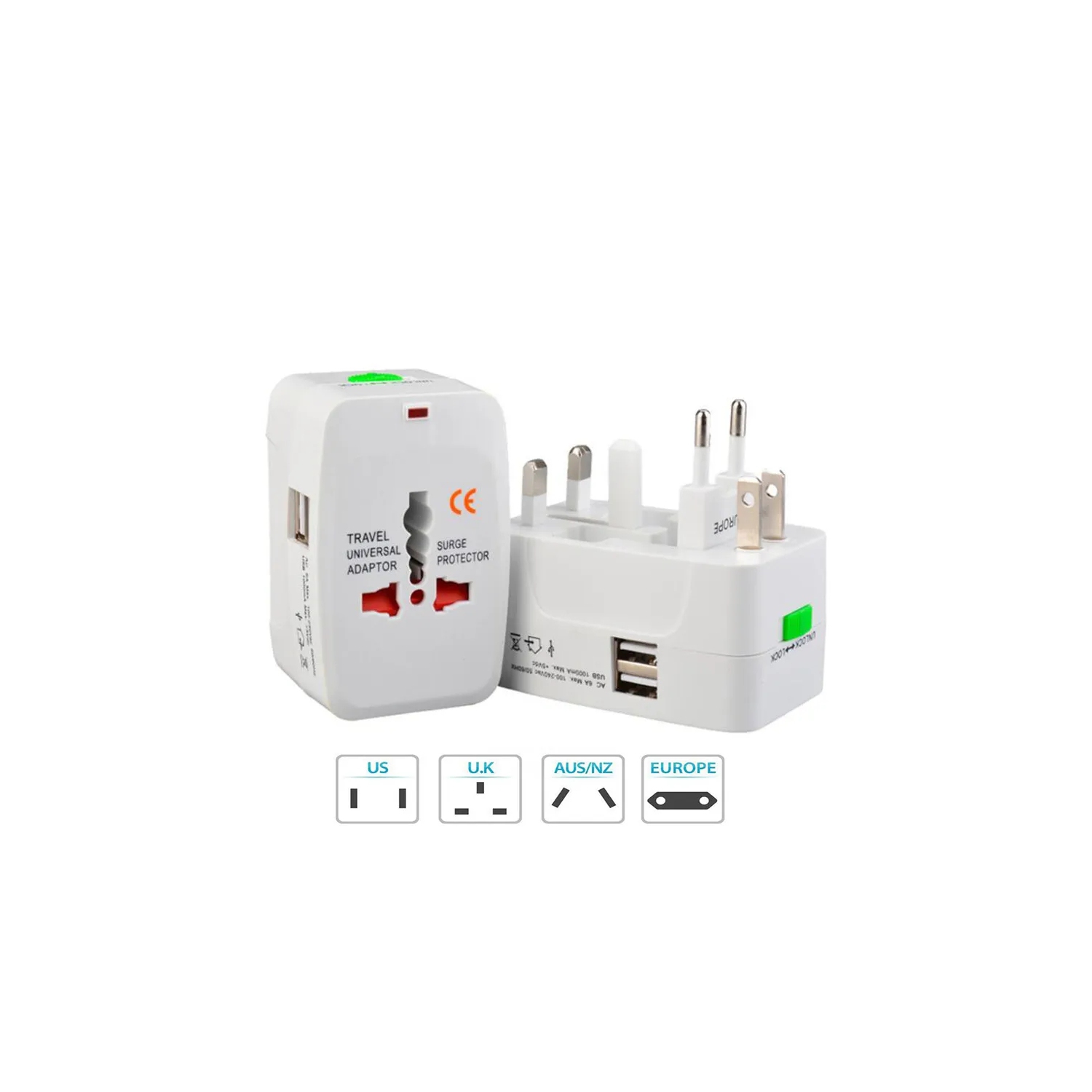 Universal All in One 2 USB-A Ports Travel AC Plug Converter Wall Charger Power Adapter Interchange AU UK EU Plug