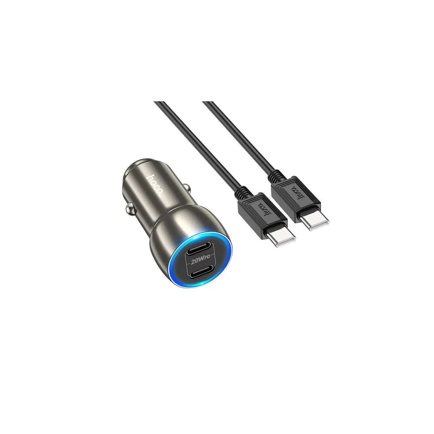 Adaptateur de chargeur rapide à deux ports USB-C/type C pour l'auto de 40&nbsp;W avec câble USB-C à USB-C.