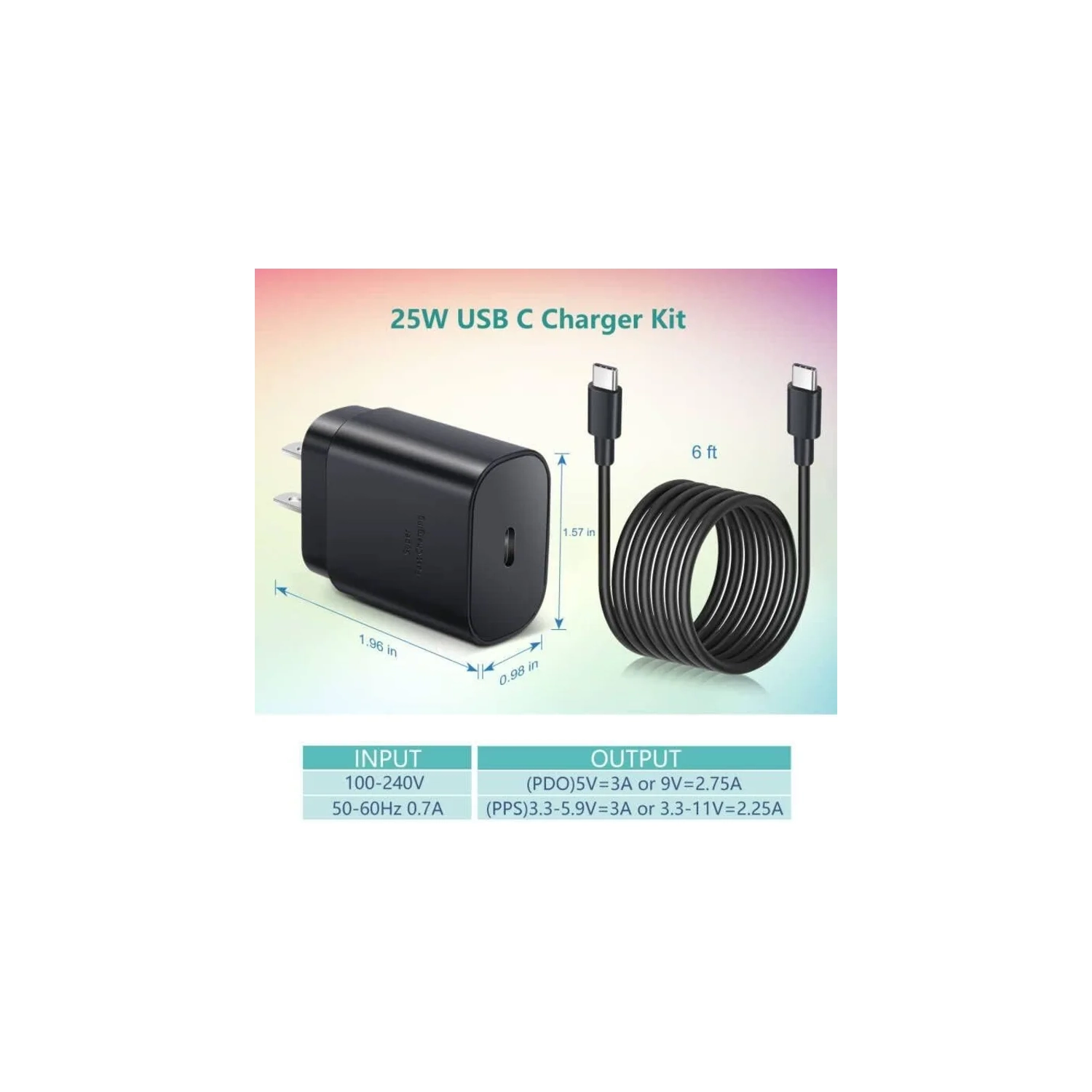 25&nbsp;W – Chargeur rapide USB-C et câble 6&nbsp;pi pour Galaxy S23/S24 Ultra, S22, S21, S20, A14/A53/A23/A54, Z Fold5/Flip5, Note, Pixel, Tab S8+ -