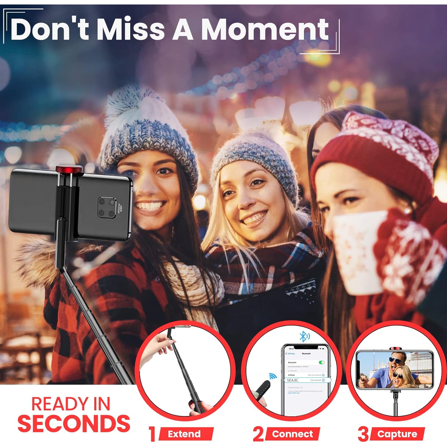 Wireless Selfie Stick Tripod for Apple & Android Devices, Selfie Stick Tripod, Selfie Stick with Remote, Portable & Lightweight Home Travel Use