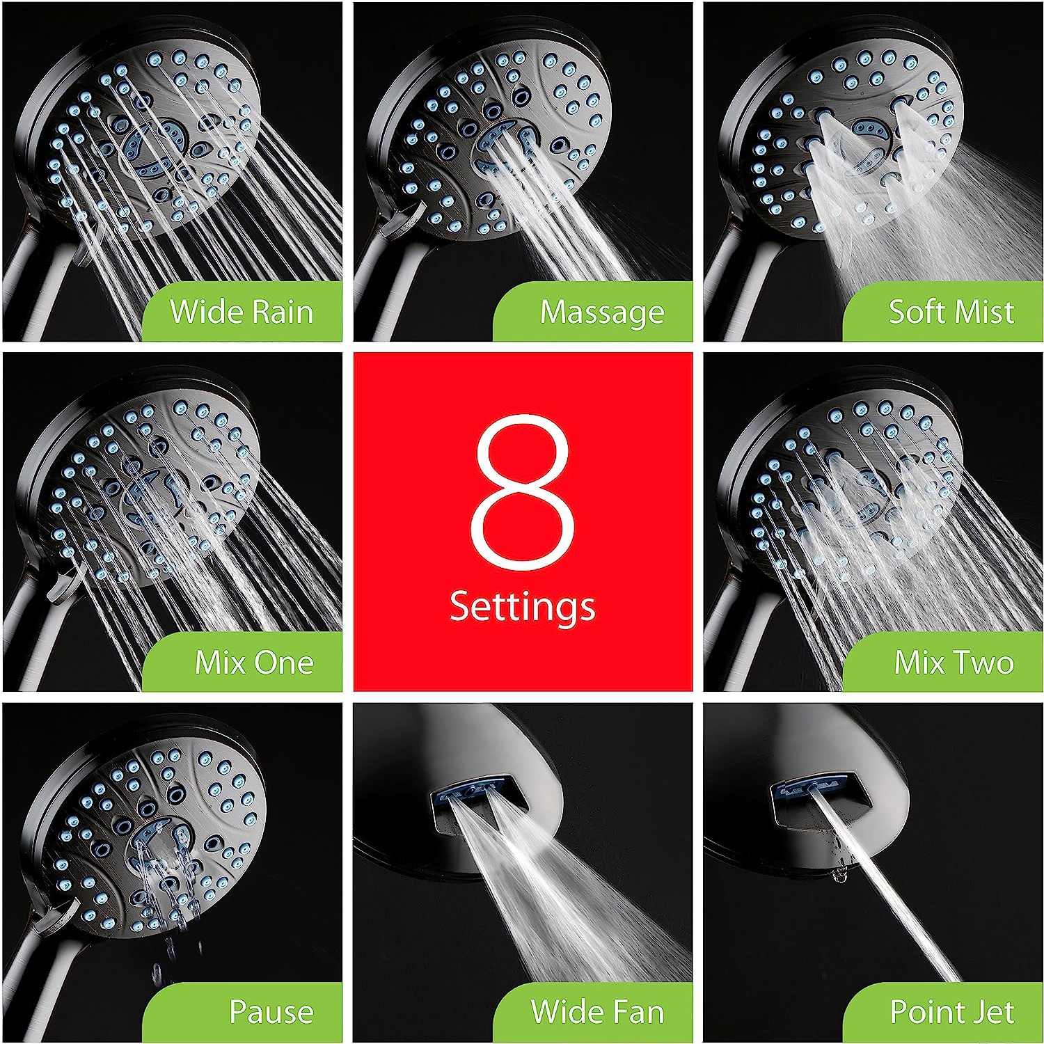 High Pressure Hotel Spa 8-mode Handheld Shower Head - Anti-clog Nozzles, Built-in Power Wash to Clean Tub, Stainless Steel Hose, Tile & Pets, 6 ft