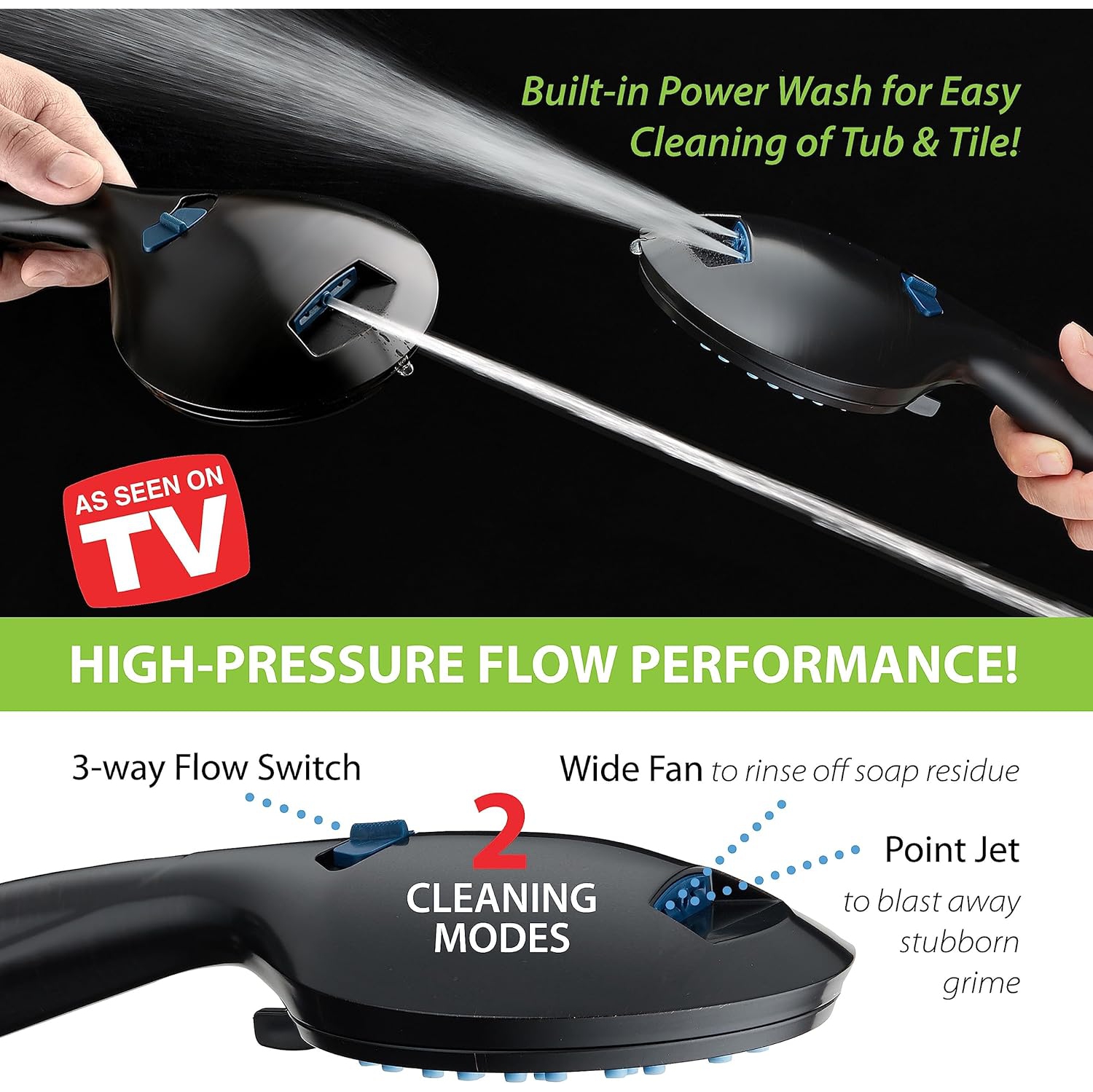 High Pressure Hotel Spa 8-mode Handheld Shower Head - Anti-clog Nozzles, Built-in Power Wash to Clean Tub, Stainless Steel Hose, Tile & Pets, 6 ft