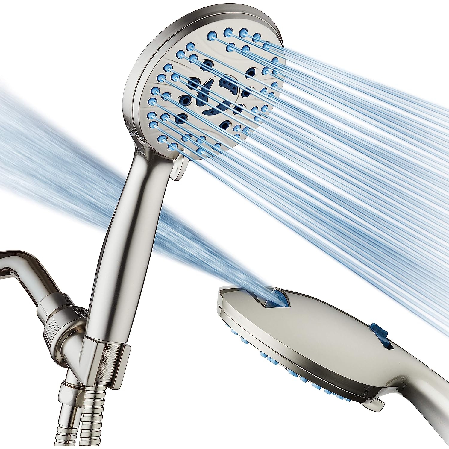 High Pressure 8-Mode Handheld Shower Head - Anti-Clog Nozzles, Built-in Power Wash to Clean Tub, Tile & Pets, Stainless Steel Hose 6 ft., Wall &