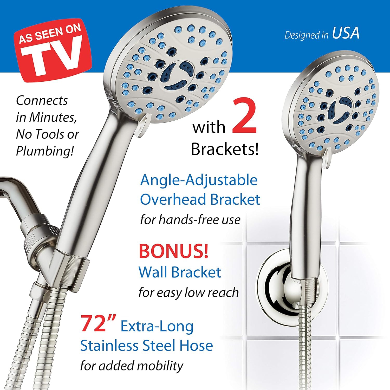 High Pressure 8-Mode Handheld Shower Head - Anti-Clog Nozzles, Built-in Power Wash to Clean Tub, Tile & Pets, Stainless Steel Hose 6 ft., Wall &