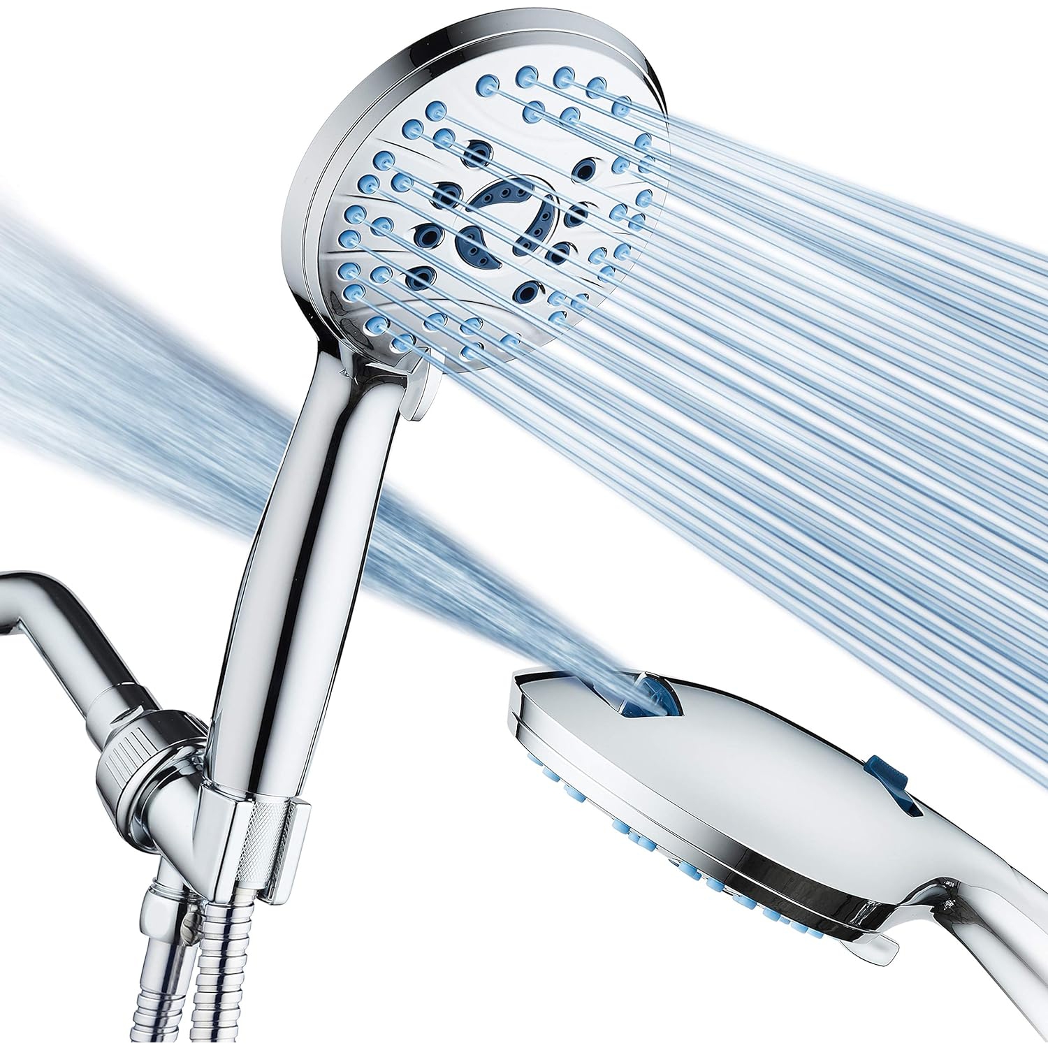 High Pressure 8-Mode Handheld Shower Head - Anti-Clog Nozzles, Built-in Power Wash to Clean Tub, Tile & Pets, Stainless Steel Hose 6 ft, Wall &