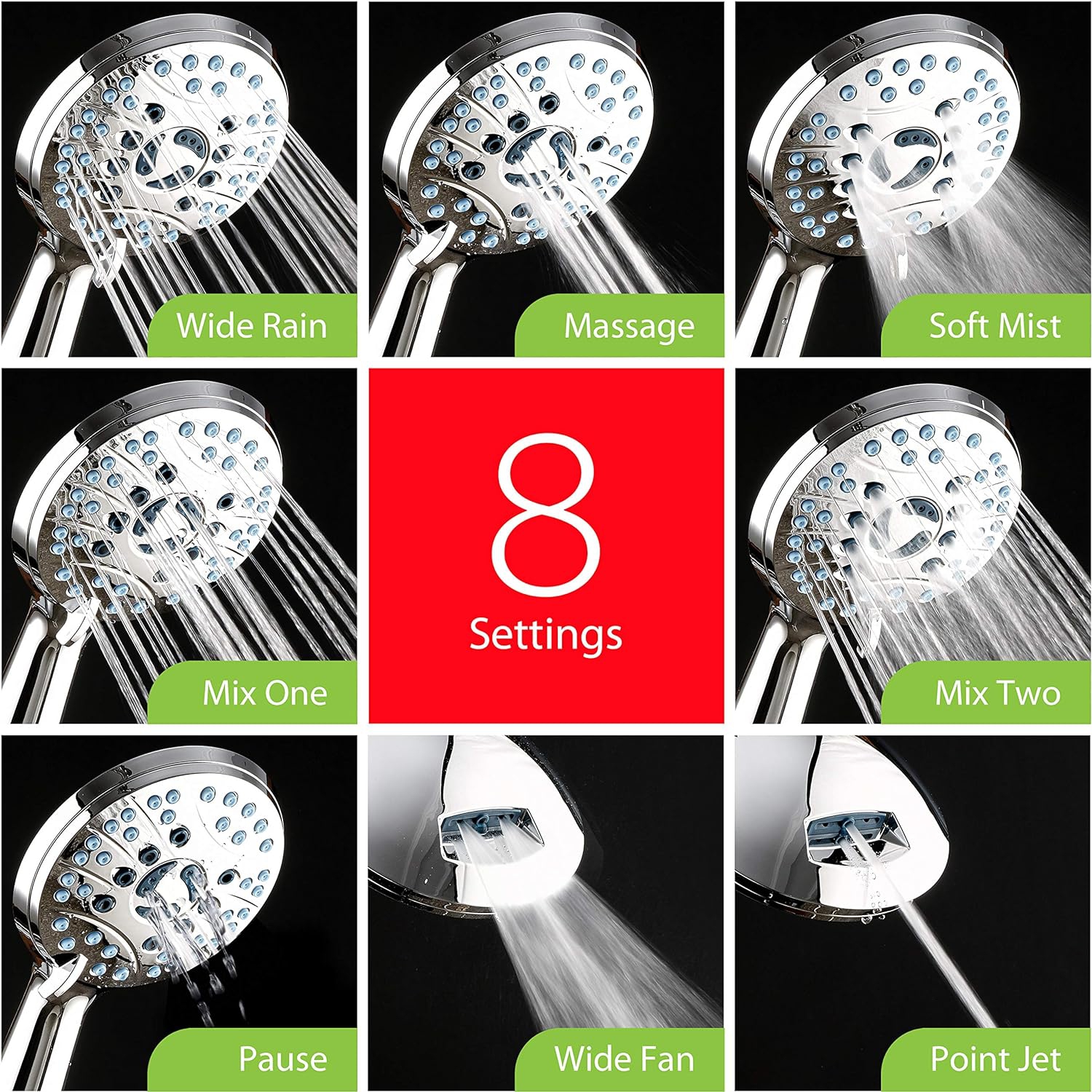 High Pressure 8-Mode Handheld Shower Head - Anti-Clog Nozzles, Built-in Power Wash to Clean Tub, Tile & Pets, Stainless Steel Hose 6 ft, Wall &