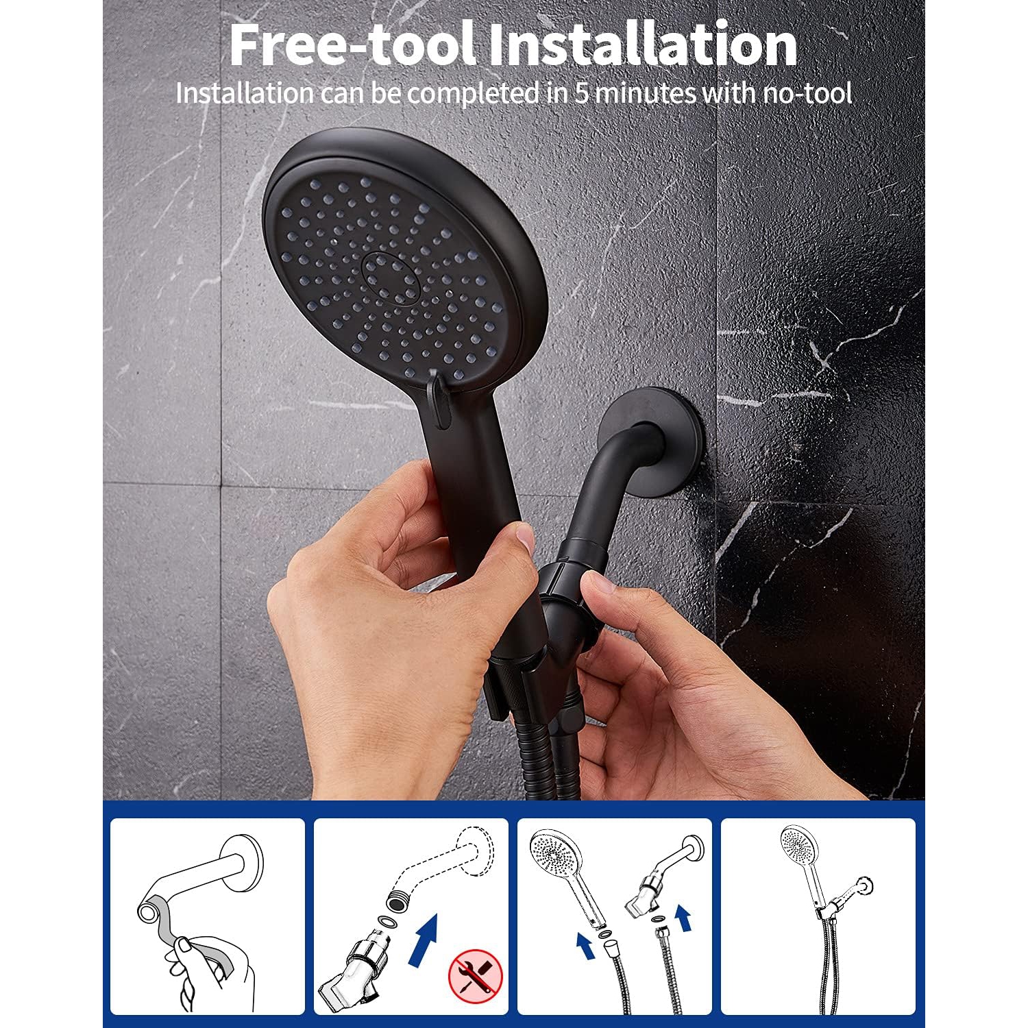 High Pressure Handheld Shower Head 4-Setting Shower Head Kit - Jet Water Mode - 59" Stainless Hose and Adjustable Mount Excellent Replacement for