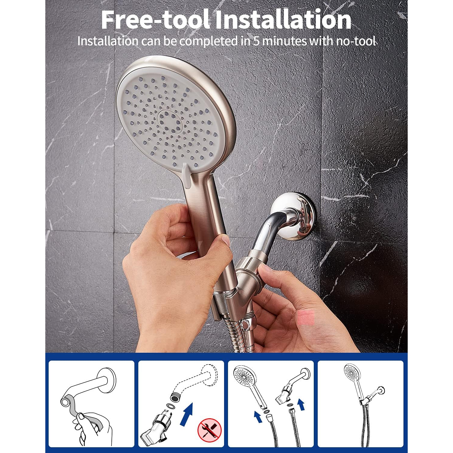 Pomme de douche à main haute pression, 4 réglages, mode jet d'eau, tuyau en acier inoxydable de 59 po et support réglable, excellent remplacement