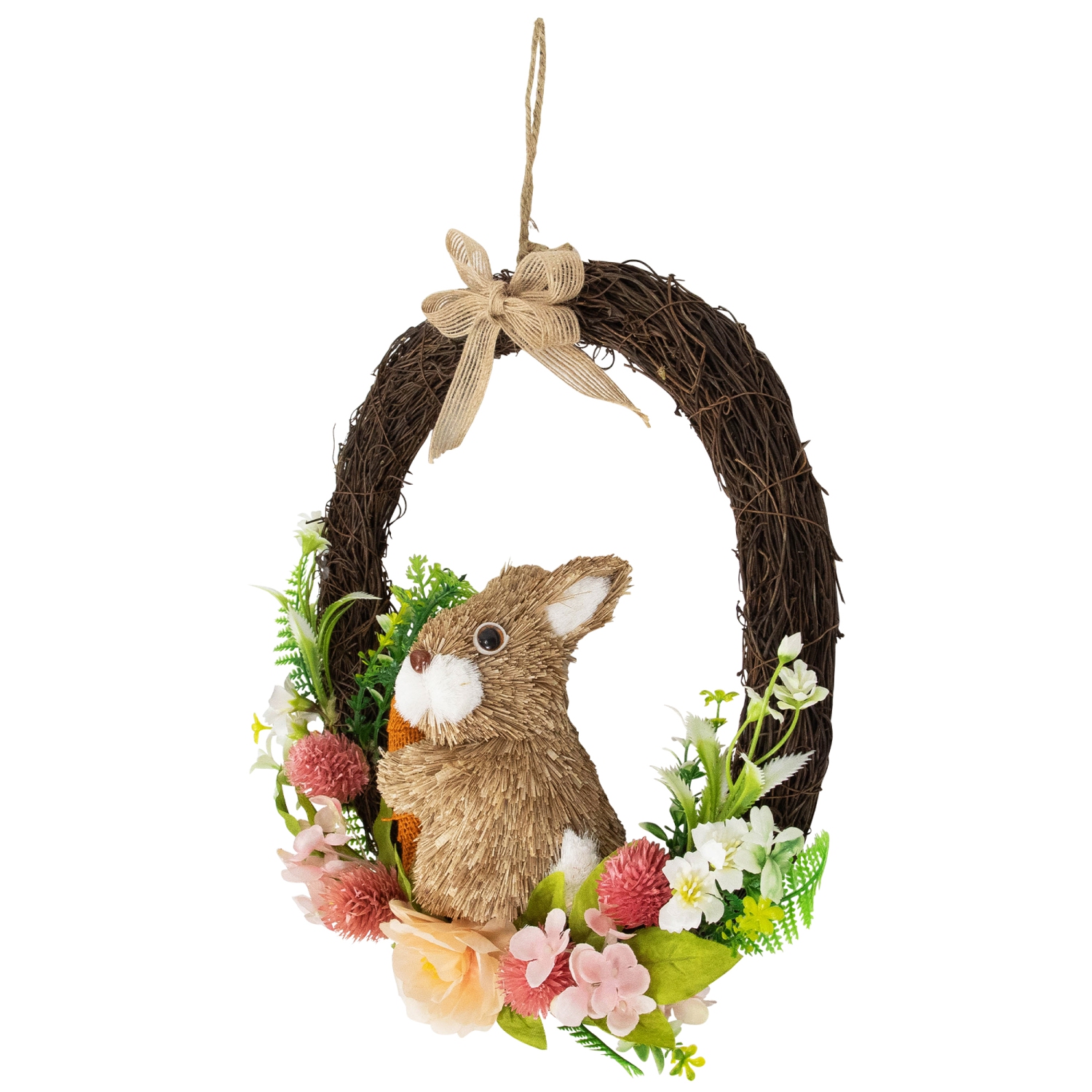 Floral Grapevine Spring Easter Wreath with Rabbit - 12"