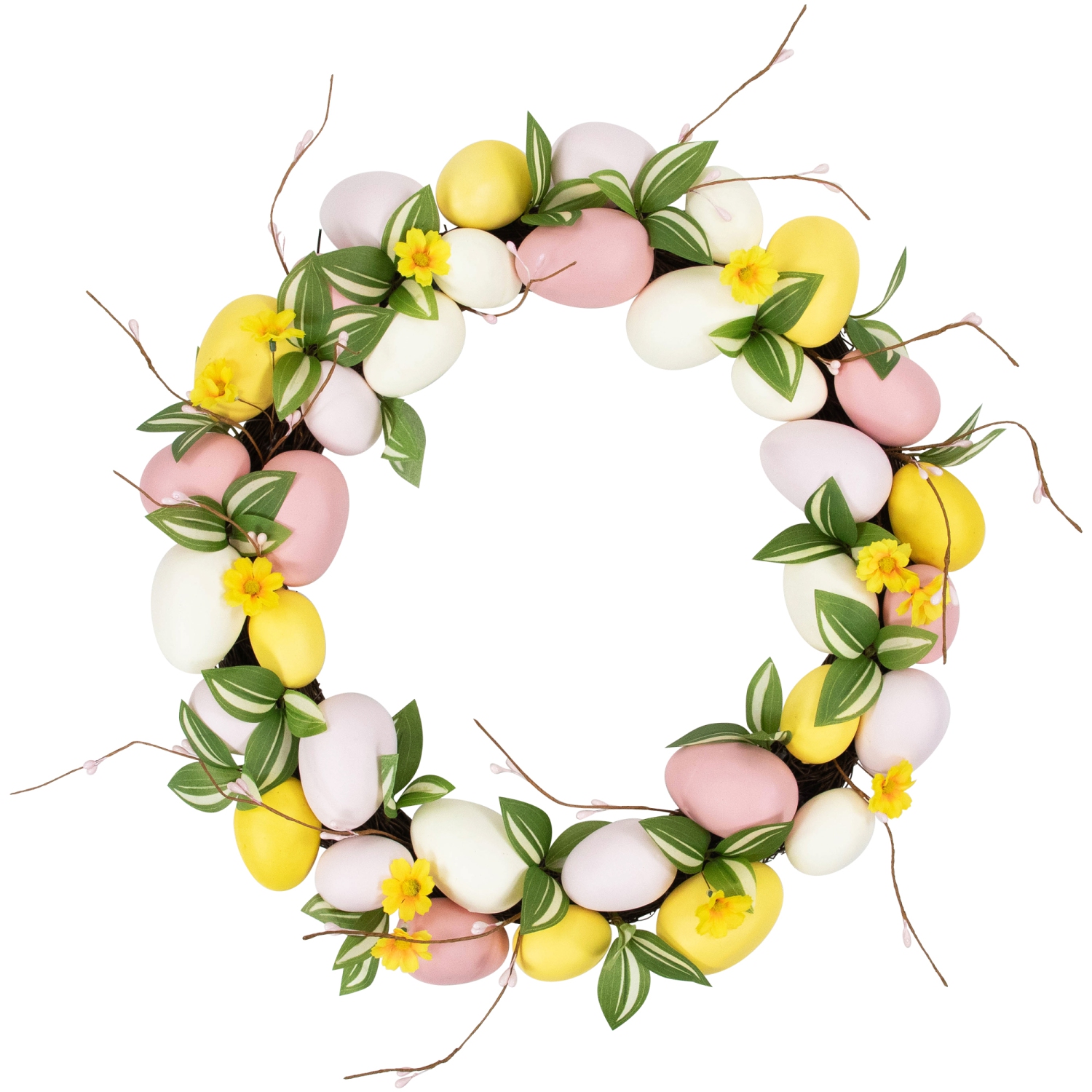 Easter Eggs and Flower Buds Artificial Wreath - 22" - Pink and Yellow - Unlit
