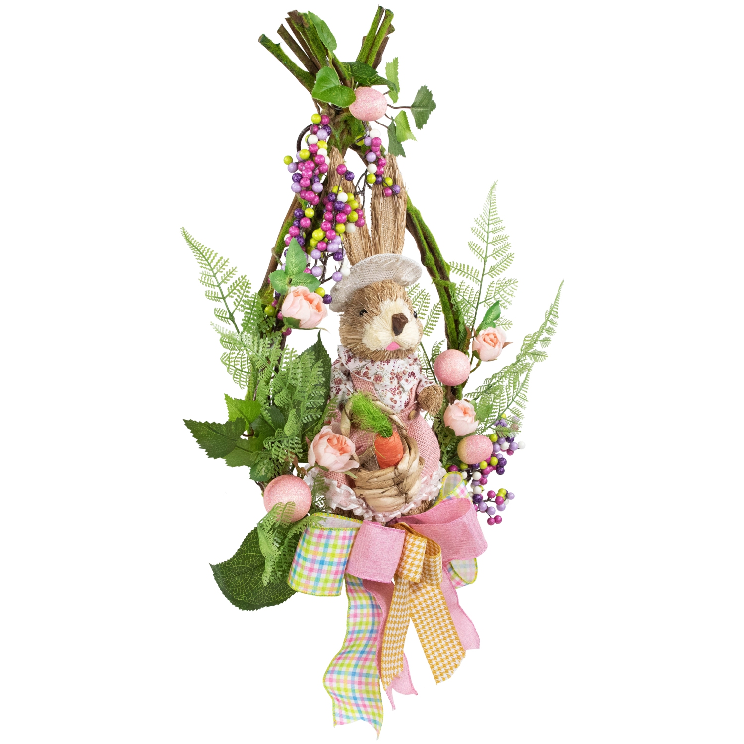 Flower Bunny Moss Vines Teardrop Easter Wreath - 22" - Pink - Unlit
