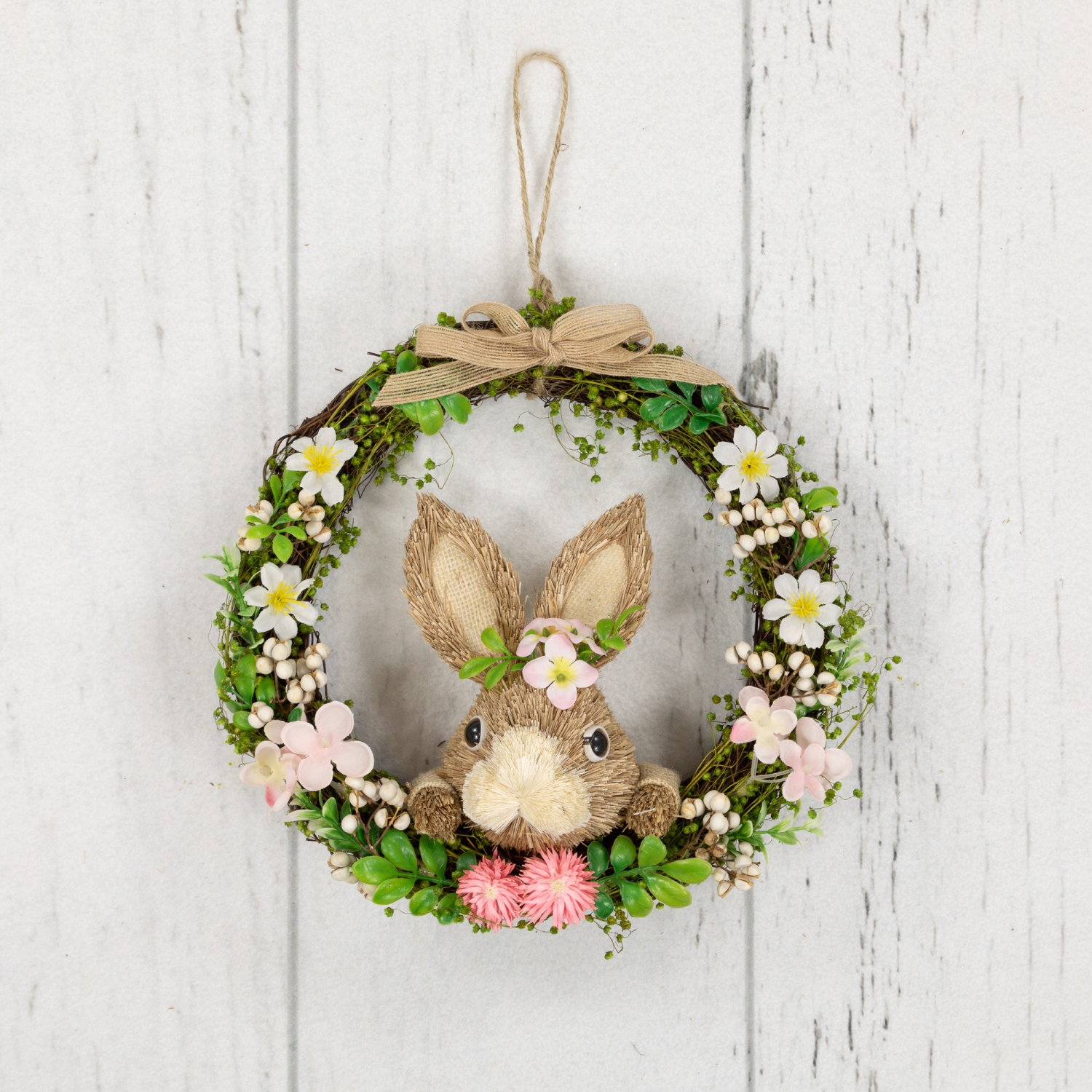 Spring Floral Easter Wreath with Peering Rabbit - 11" - Green and Pink