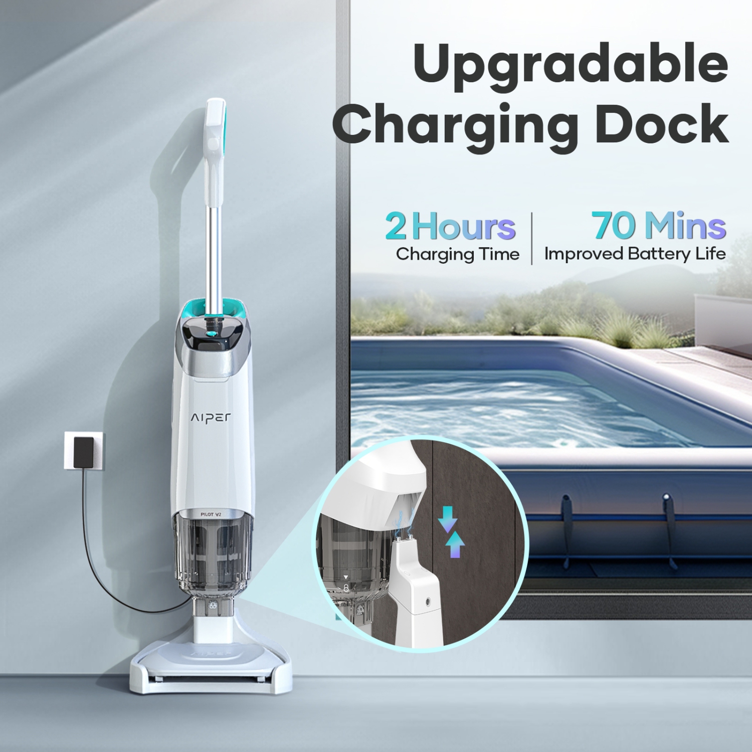 Aiper Pilot V2 - Rechargeable Handheld Pool Vacuum Cleaner for Hot Tubs, Above-Ground Inflatable Pools, Works with Pool Poles