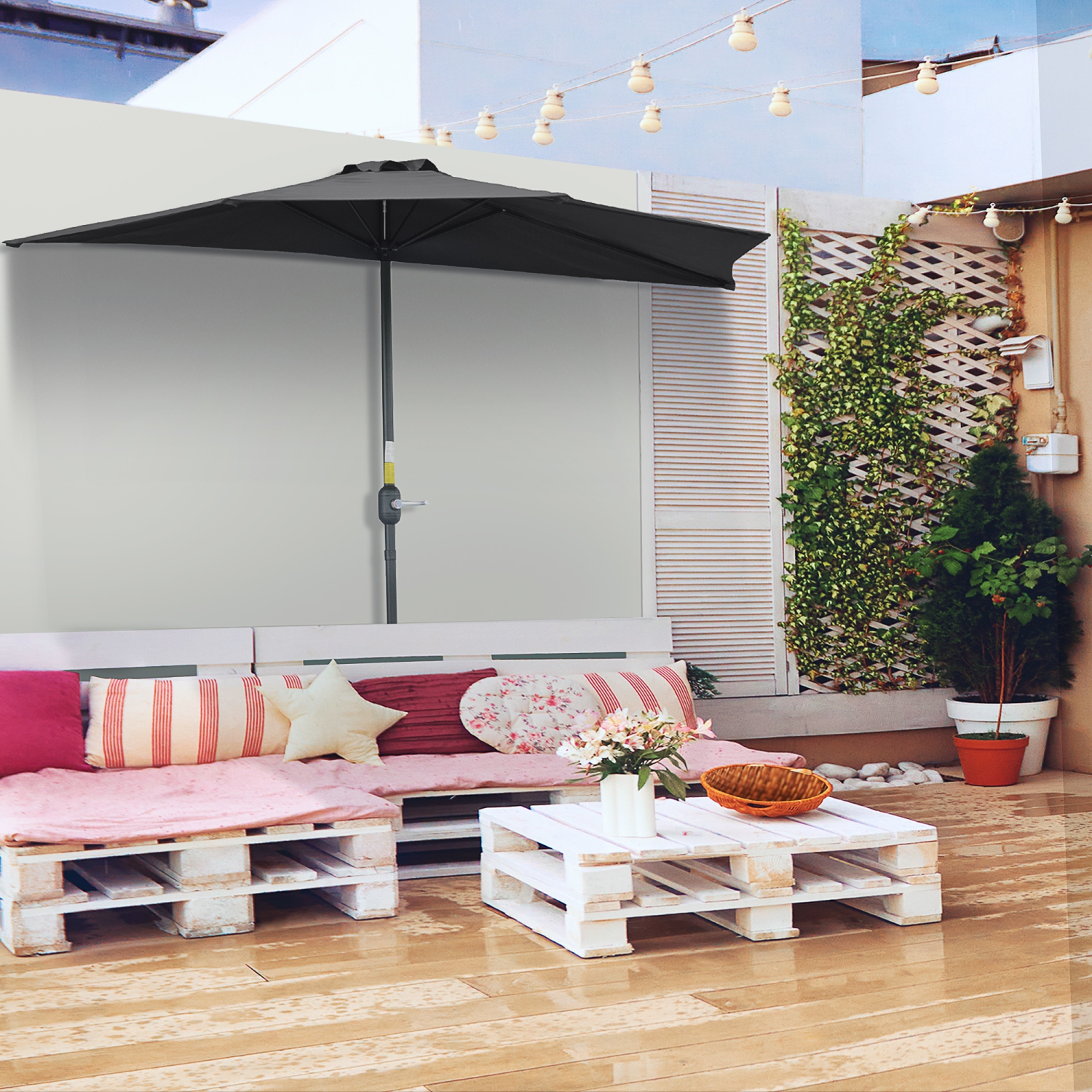 Demi-parasol avec manivelle Outsunny 9,8&nbsp;pi, parasol semi-rond avec évent supérieur, cadre en métal pour le jardin, balcon - PAS DE BASE