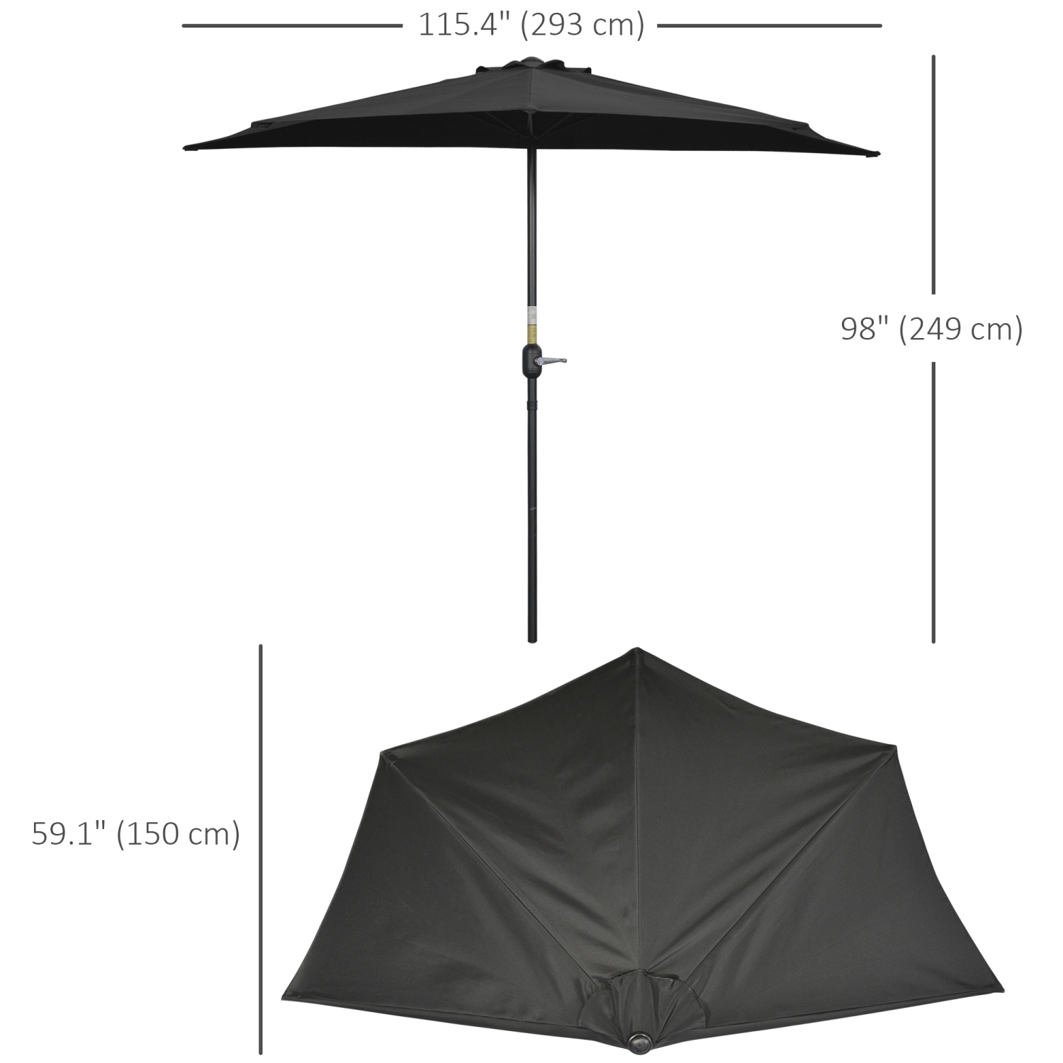 Demi-parasol avec manivelle Outsunny 9,8&nbsp;pi, parasol semi-rond avec évent supérieur, cadre en métal pour le jardin, balcon - PAS DE BASE
