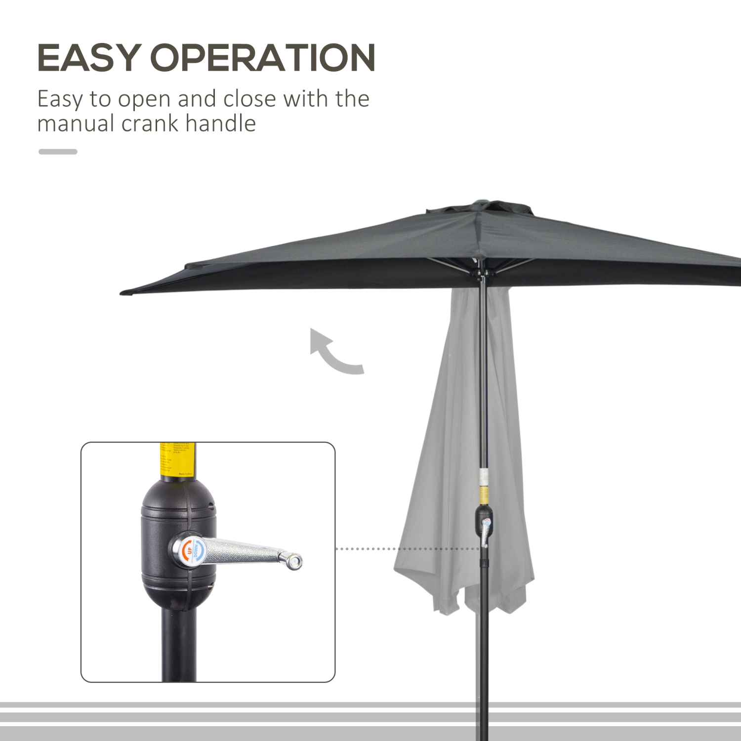 Demi-parasol avec manivelle Outsunny 9,8&nbsp;pi, parasol semi-rond avec évent supérieur, cadre en métal pour le jardin, balcon - PAS DE BASE