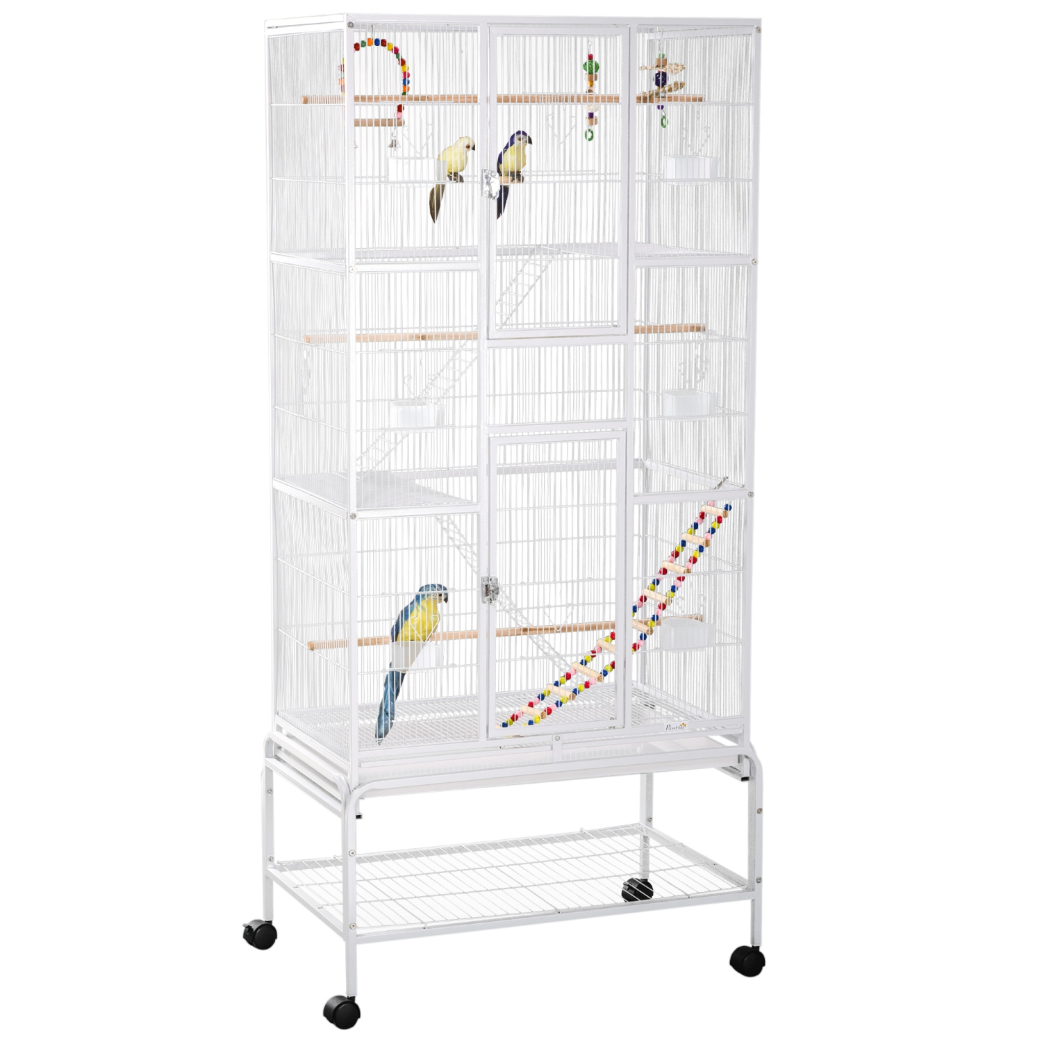 PawHut 71" Bird Cage, 3 Tier Large Parrot Cage with Wheels, Perches, Ramp, Storage Shelf, Toys for Canaries, Finches, Cockatiels, Parakeets, White