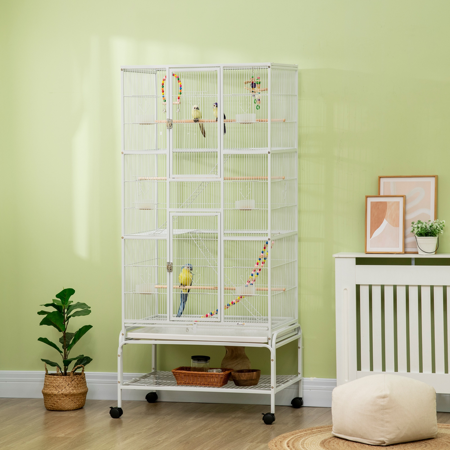 PawHut 71" Bird Cage, 3 Tier Large Parrot Cage with Wheels, Perches, Ramp, Storage Shelf, Toys for Canaries, Finches, Cockatiels, Parakeets, White