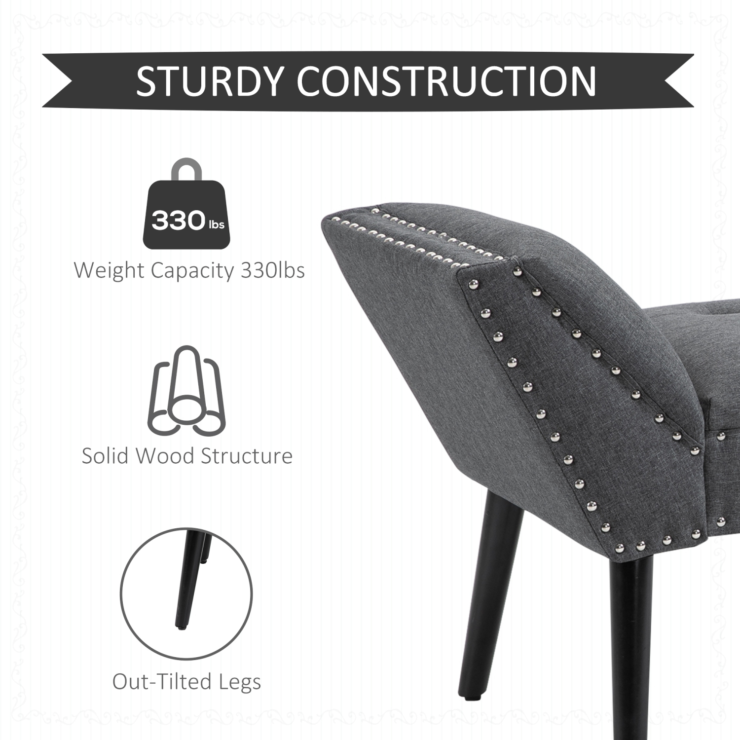 HomCOM – Banc d'entrée de chambre capitonné, pouf recouvert de tissu de lin avec accoudoirs et bordure cloutée pour salon, corridor, gris foncé