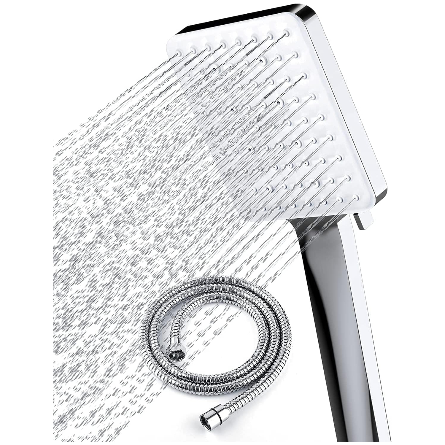 Pomme de douche à main haute pression, 6 modes de pulvérisation tête de douche amovible, pomme de douche carrée avec tuyau en acier inoxydable et