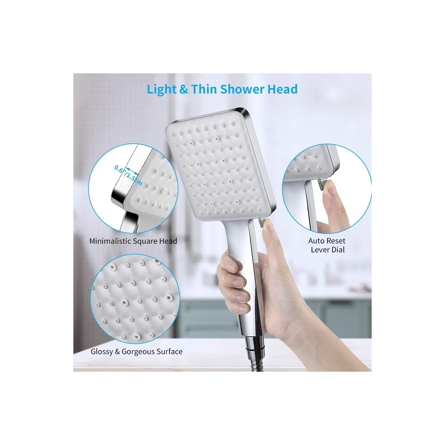 Pomme de douche à haute pression, pomme de douche à main avec tuyau et support réglable, pomme de douche à 6 réglages, chrome