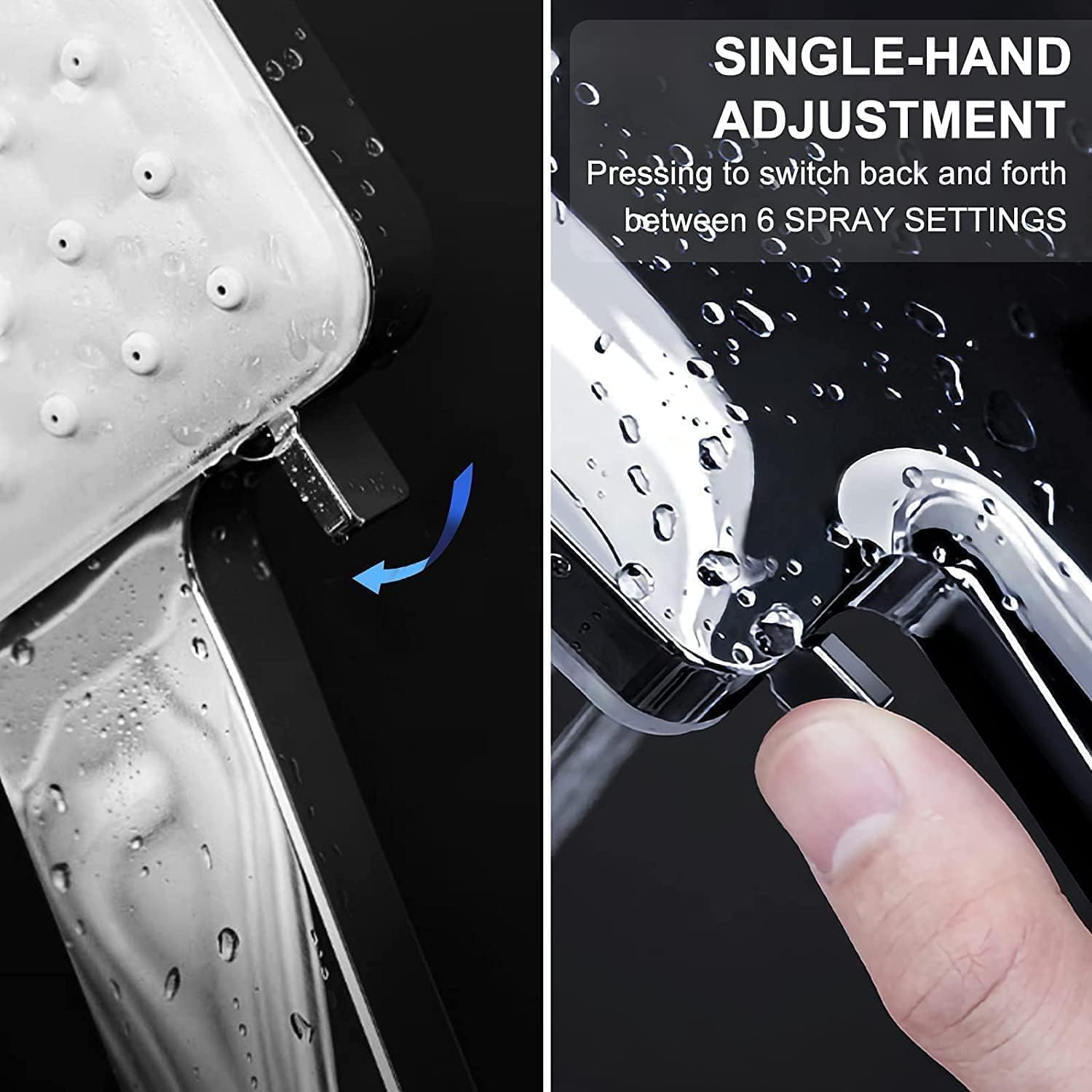 Pomme de douche à haute pression, pomme de douche à main avec tuyau et support réglable, pomme de douche à 6 réglages, chrome