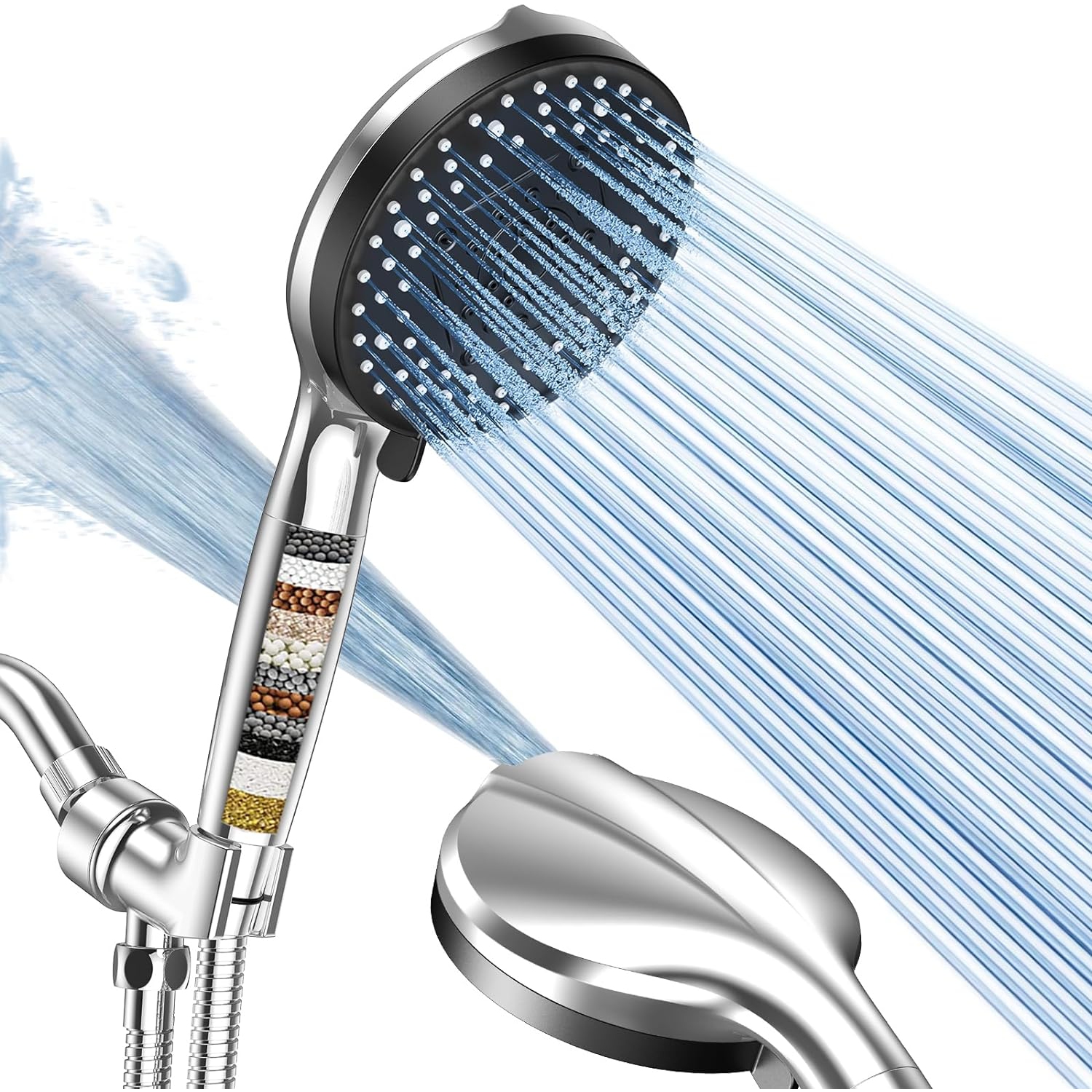High Pressure Filtered Shower Head, 5" Large, Extra Long 70" SS Hose,10-Mode Detachable Shower Head Filter for Hard Water, Handheld Shower Head for