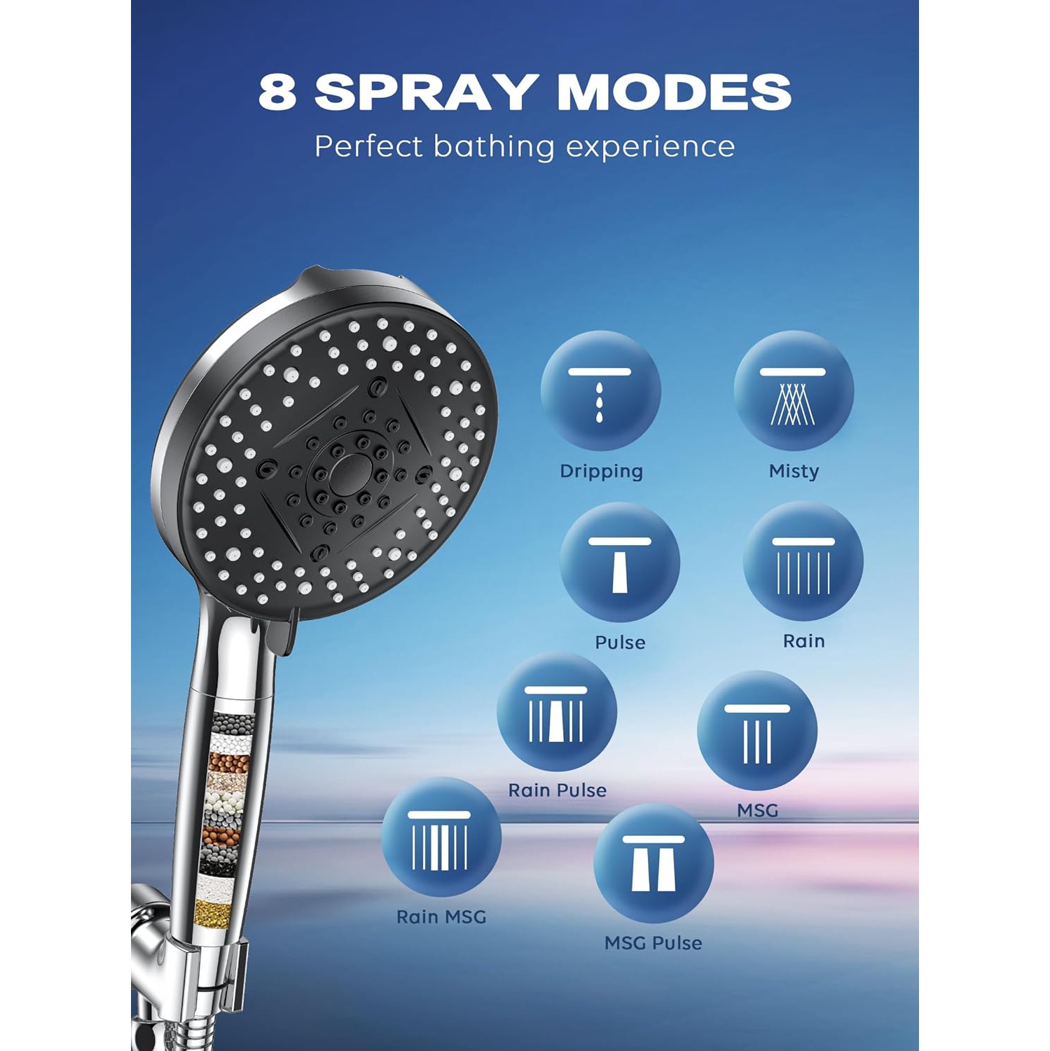 High Pressure Filtered Shower Head, 5" Large, Extra Long 70" SS Hose,10-Mode Detachable Shower Head Filter for Hard Water, Handheld Shower Head for