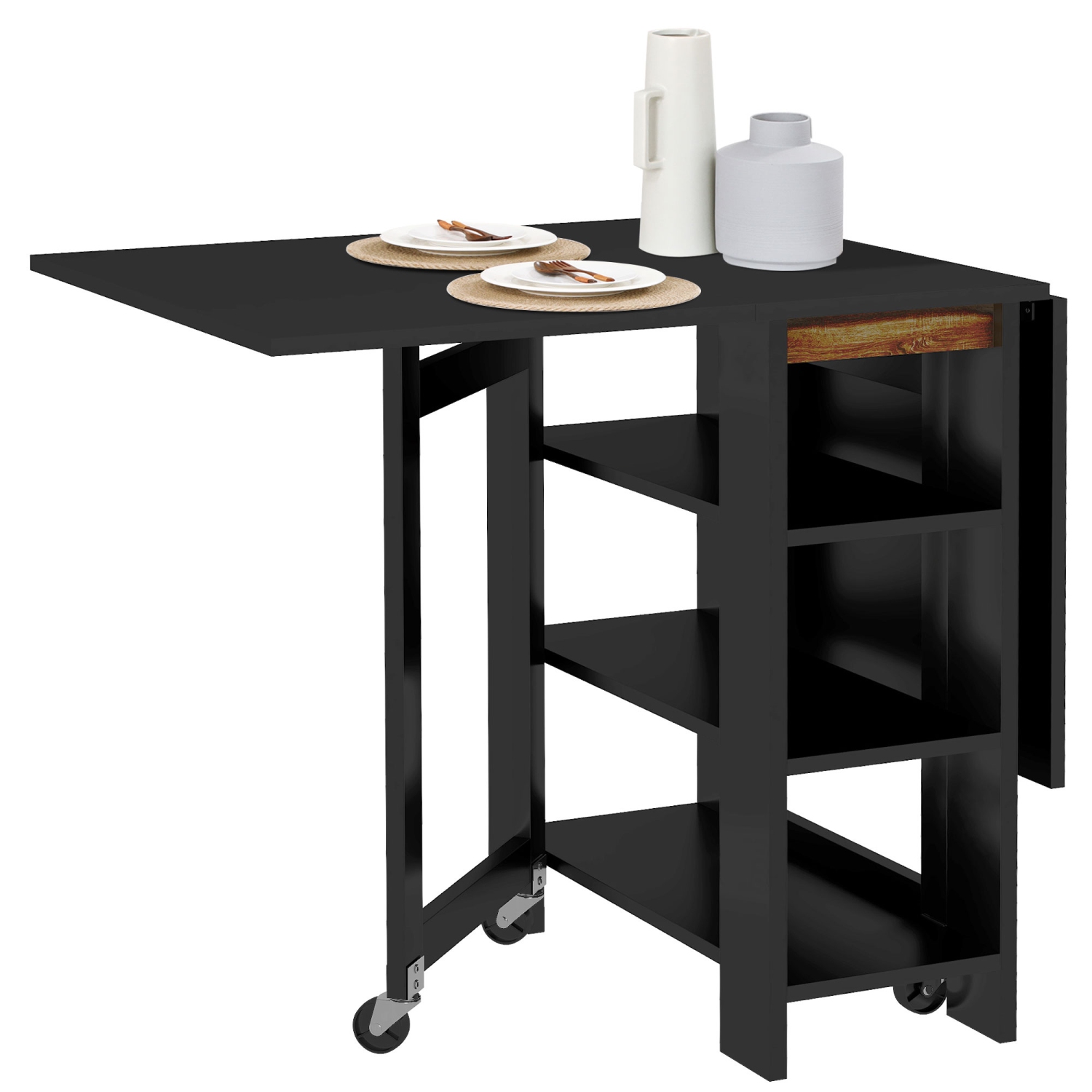 HOMCOM Folding Dining Table, Drop Leaf Table for Small Spaces, Foldable Table with Storage Shelves for Kitchen, Dining Room, Black