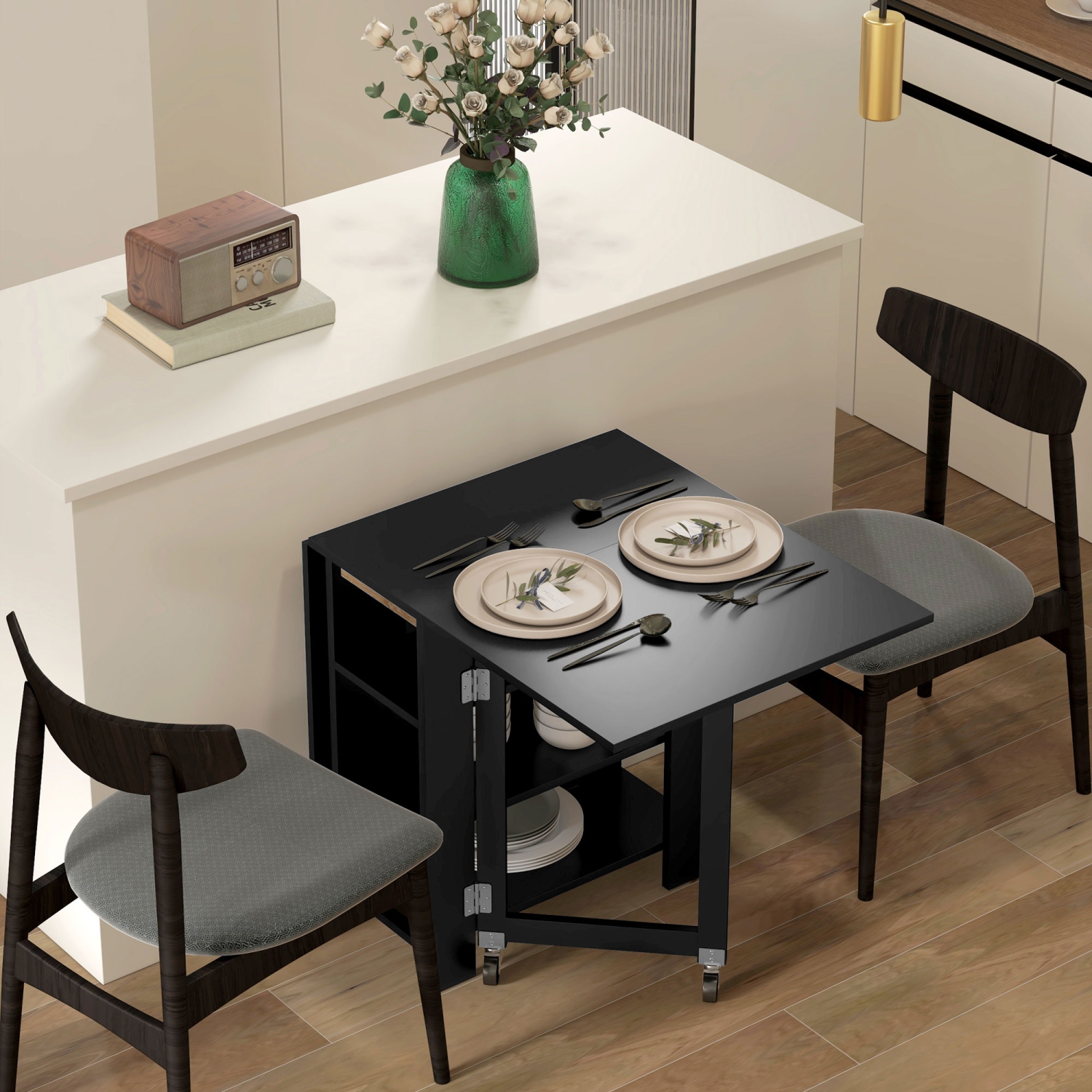 HOMCOM Folding Dining Table, Drop Leaf Table for Small Spaces, Foldable Table with Storage Shelves for Kitchen, Dining Room, Black