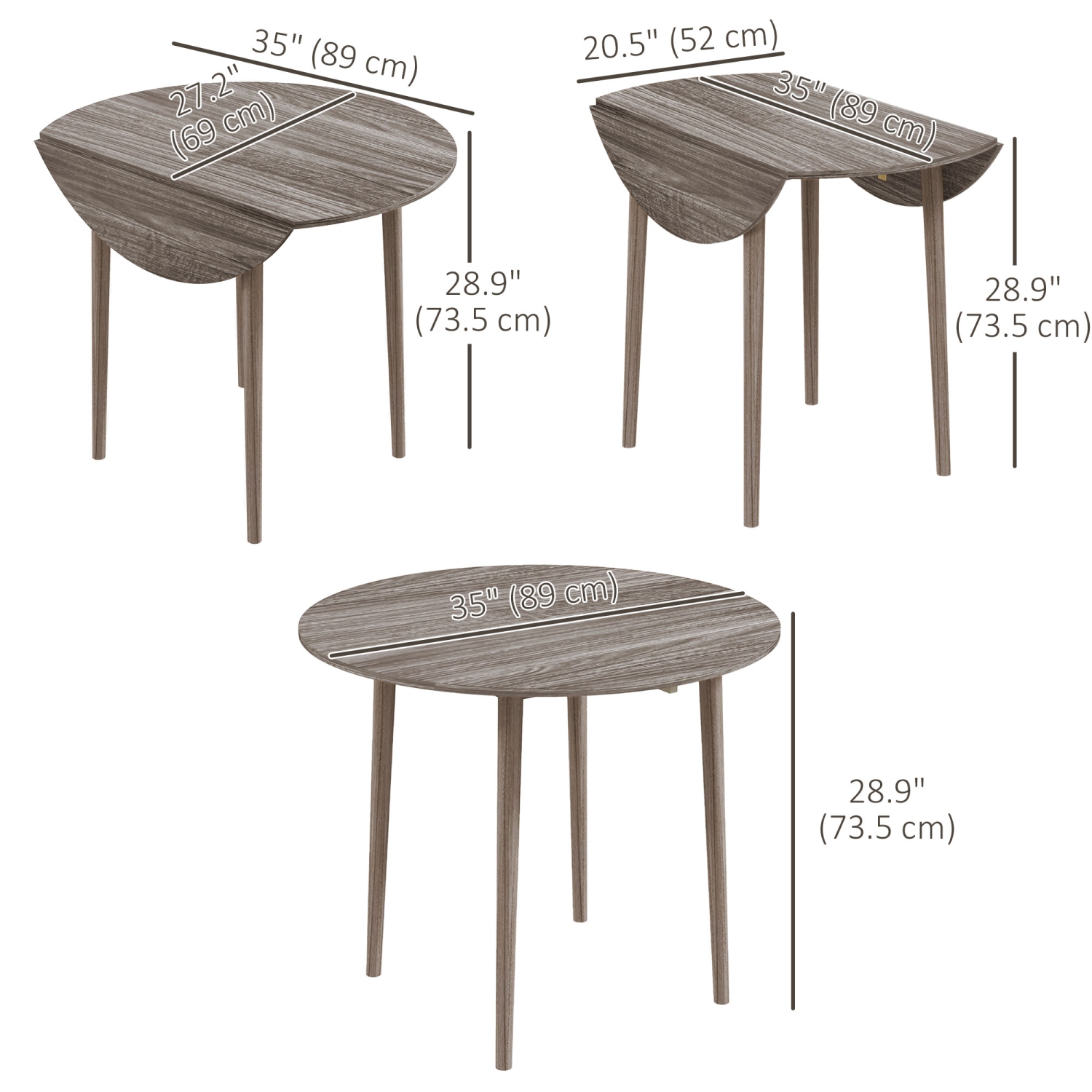 HOMCOM Folding Dining Table, Round Drop Leaf Table for Small Spaces, Foldable Table with Wood Legs for Kitchen, Dining Room, Distressed Grey