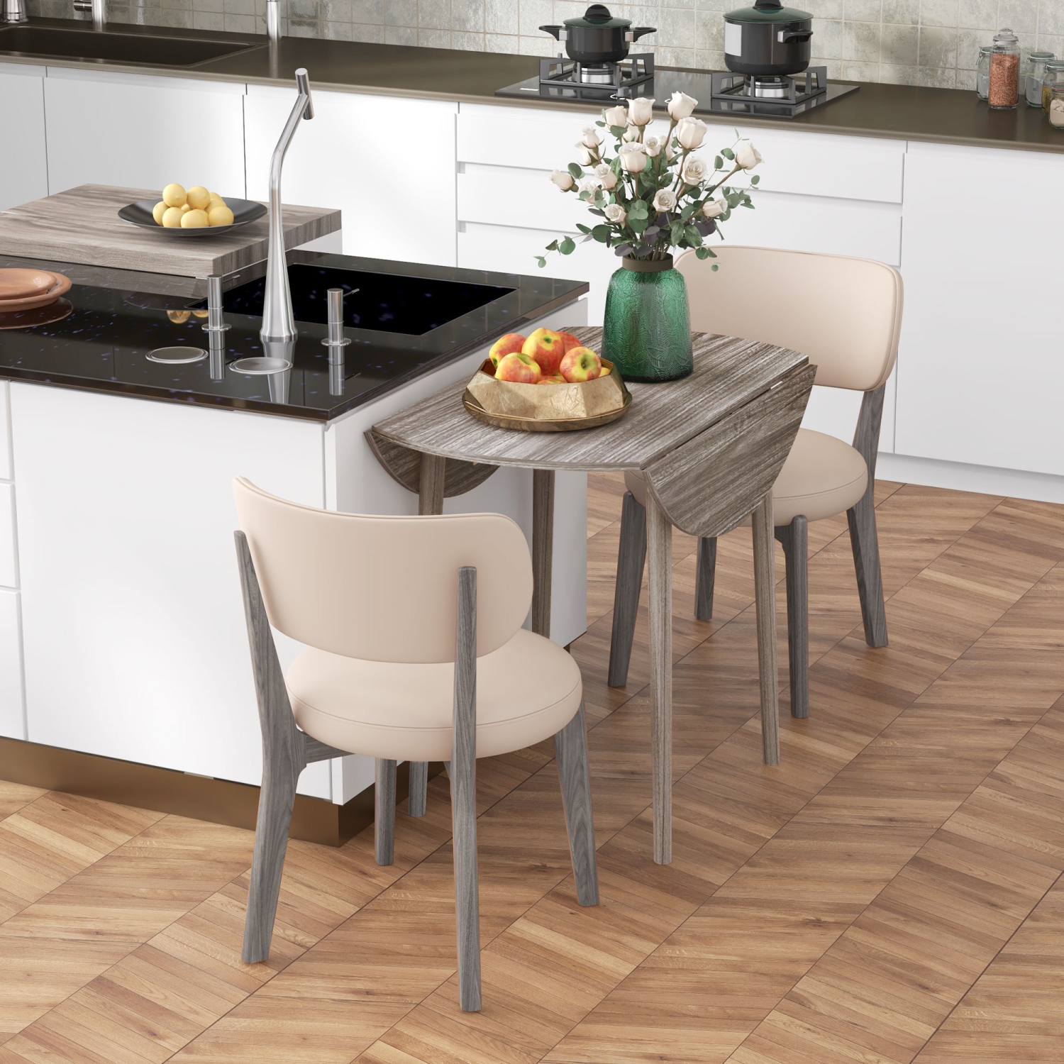 HOMCOM Folding Dining Table, Round Drop Leaf Table for Small Spaces, Foldable Table with Wood Legs for Kitchen, Dining Room, Distressed Grey