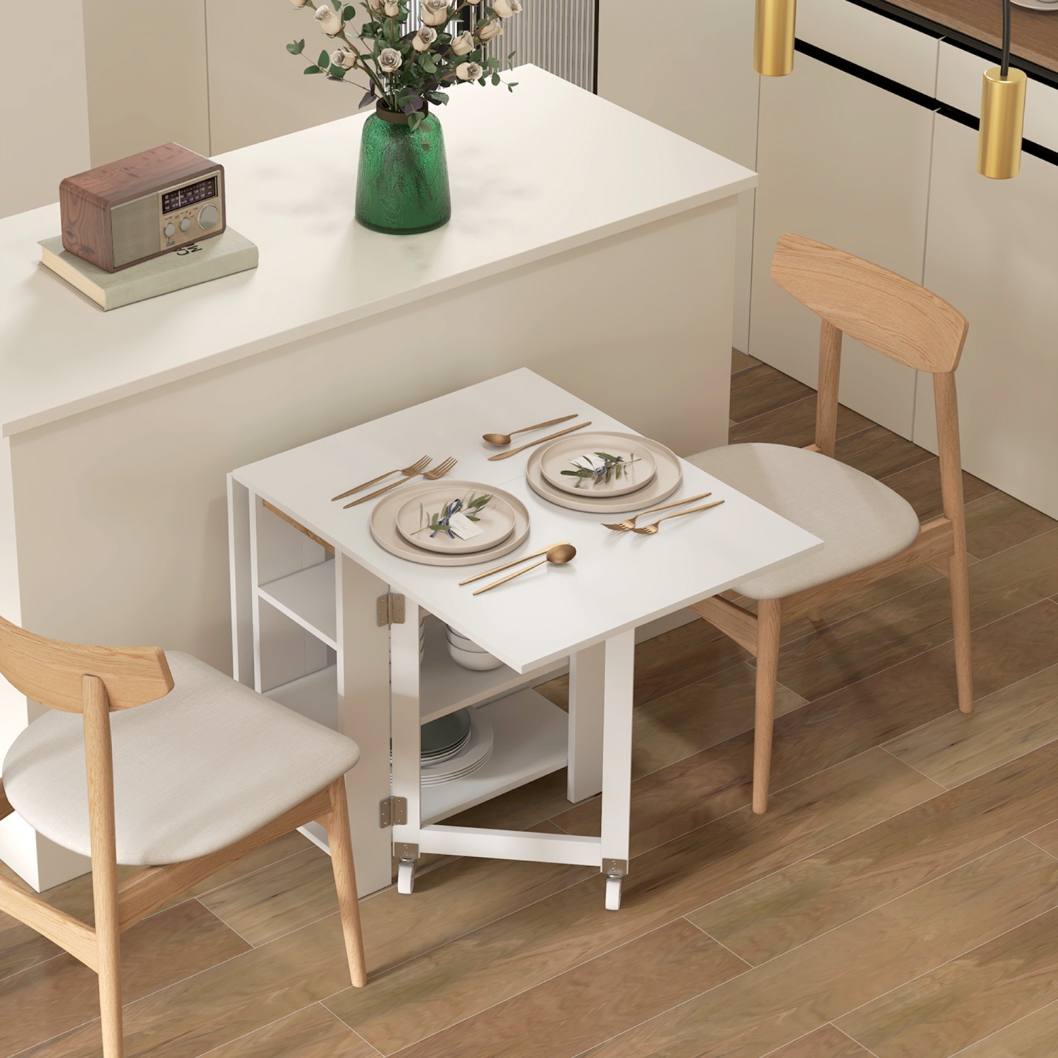 HOMCOM Folding Dining Table, Drop Leaf Table for Small Spaces, Foldable Table with Storage Shelves for Kitchen, Dining Room, White