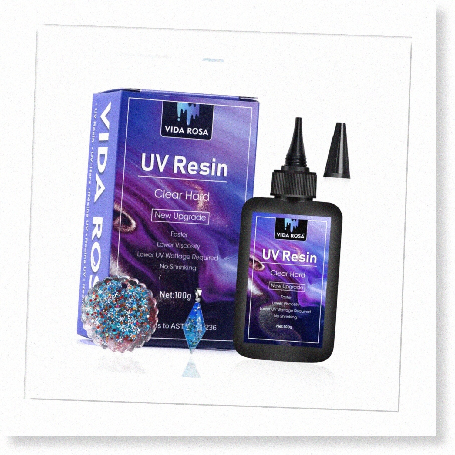 Crystal Clear UV Resin - VIDA ROSA: Hard Epoxy for Jewelry Making, Art Pendants, Earrings, Necklaces, Bracelets, Nail Art Accessories. 100g Ultraviolet Curing Solution.