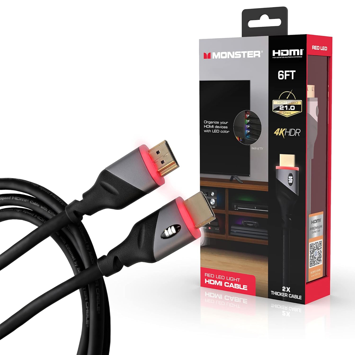 Monster - High Speed 4K HDR HDMI Cable with Built-in Red LED, 6 Feet Long