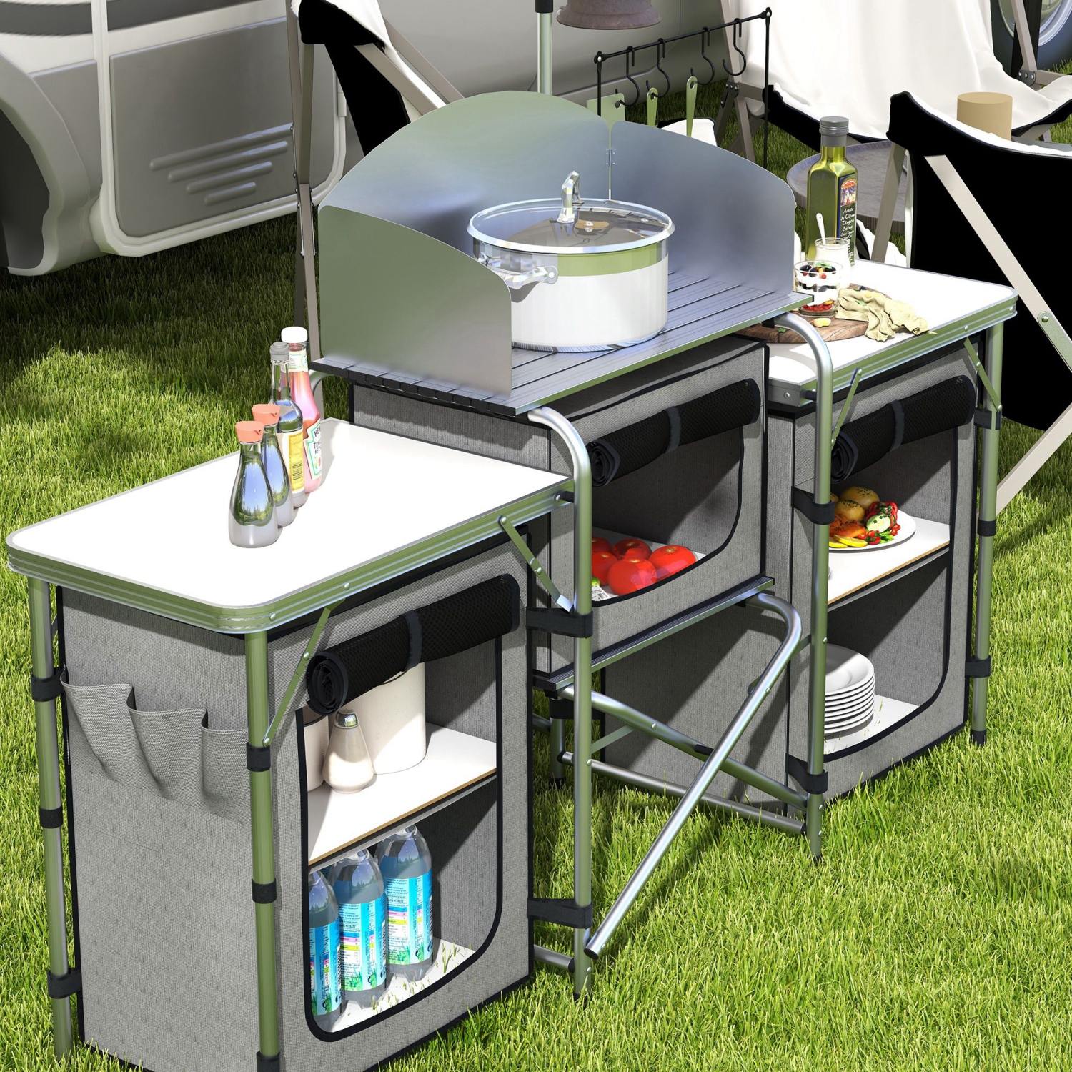 Table de cuisine pliante Outsunny avec rangement, table de camping portative en aluminium avec 3 armoires en tissu, pare-brise, support léger, sac de