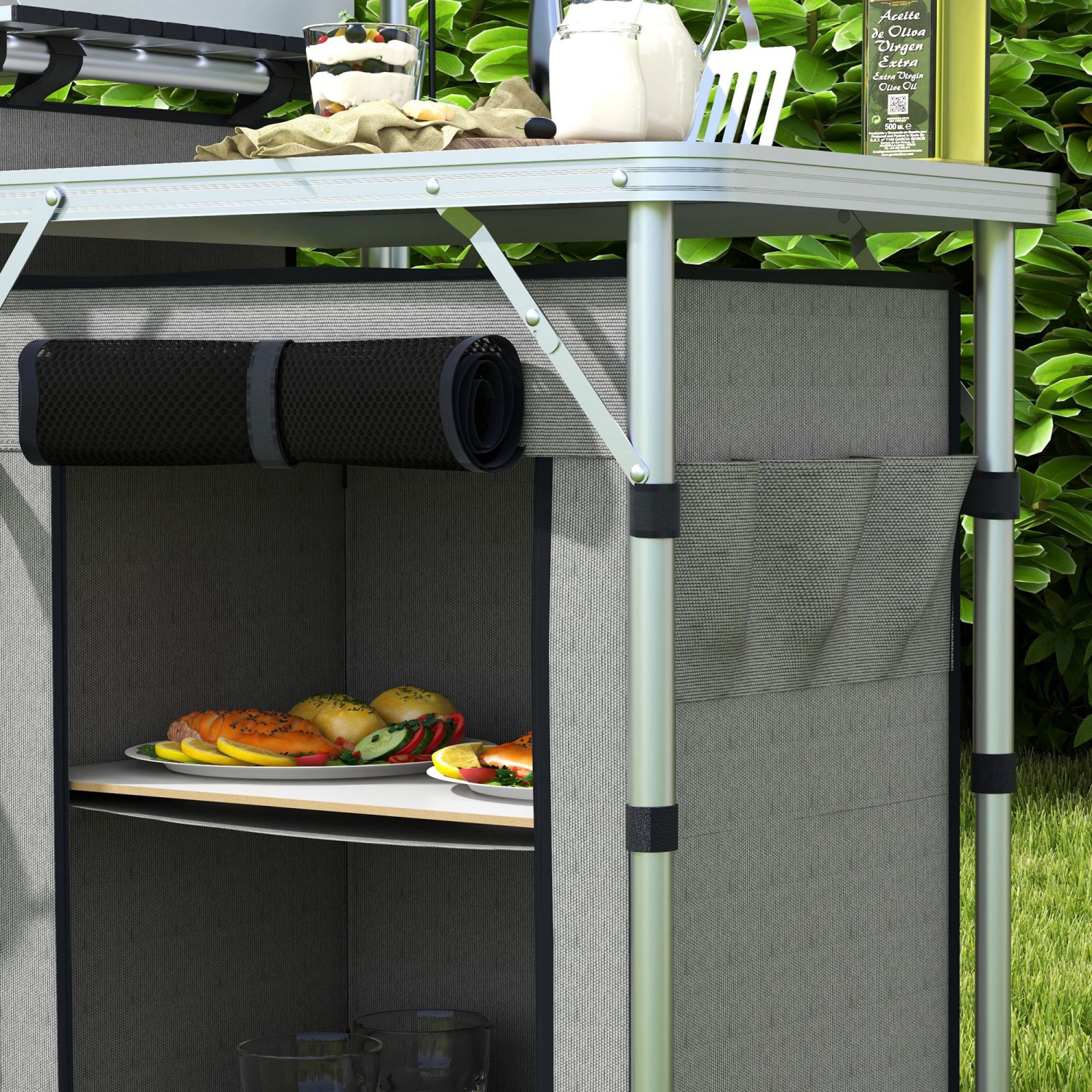Table de cuisine pliante Outsunny avec rangement, table de camping portative en aluminium avec 3 armoires en tissu, pare-brise, support léger, sac de