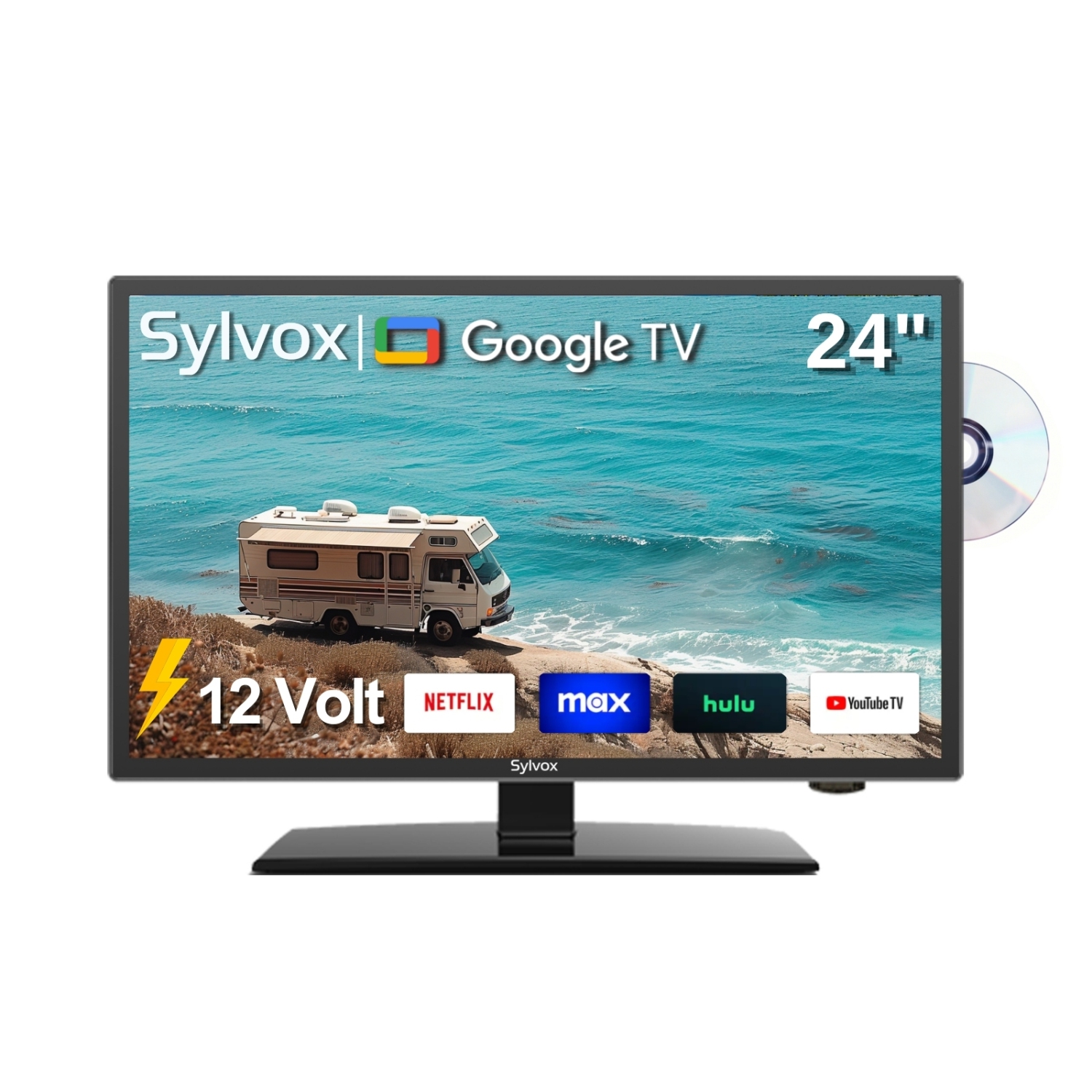 SYLVOX Smart 12Volt TV, 24" Newest Google TV Support Download APPs with Google Assistant, 1080P DC/AC Powered Television for RV Camper