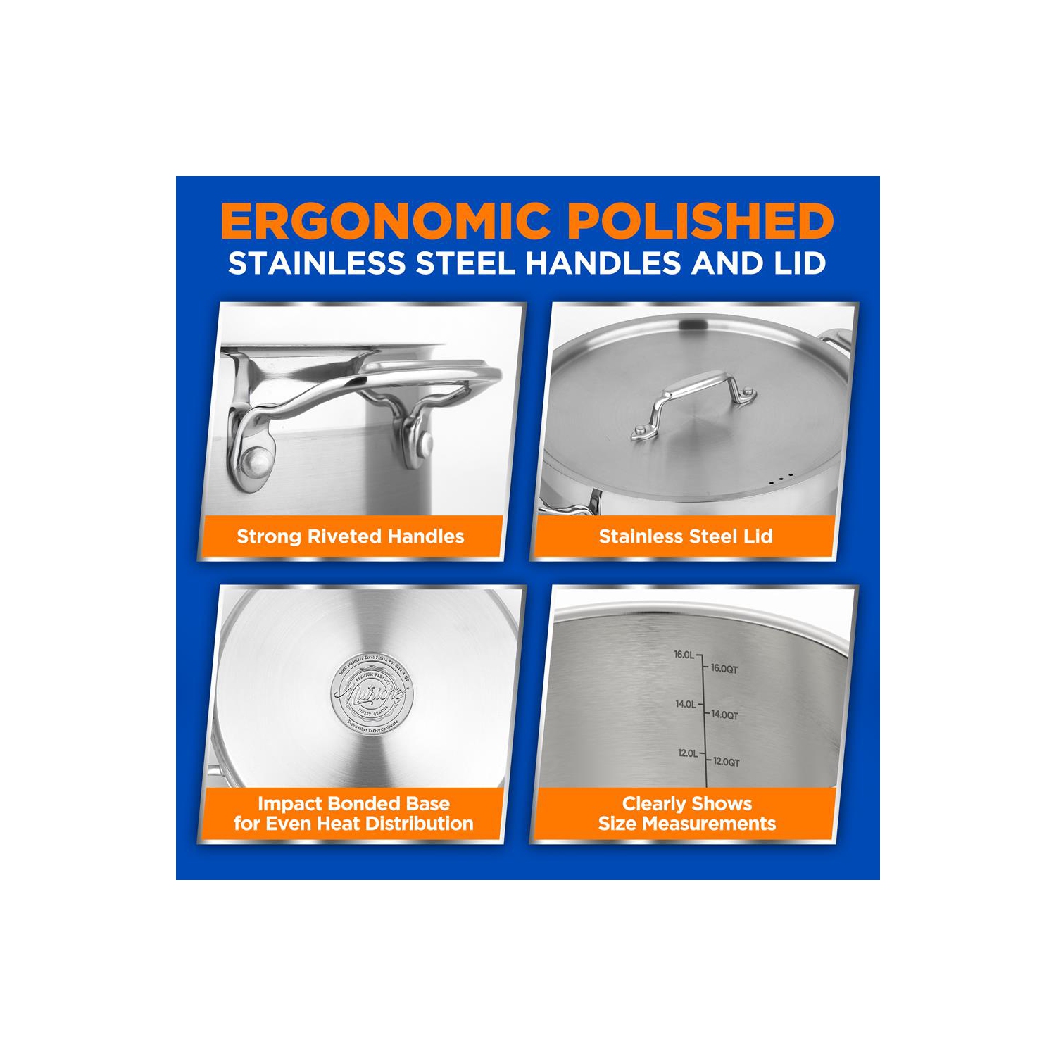 Stainless Steel Cookware Stockpot - 16 Quart, Heavy Duty Induction Pot, Soup Pot With Stainless Steel Lid