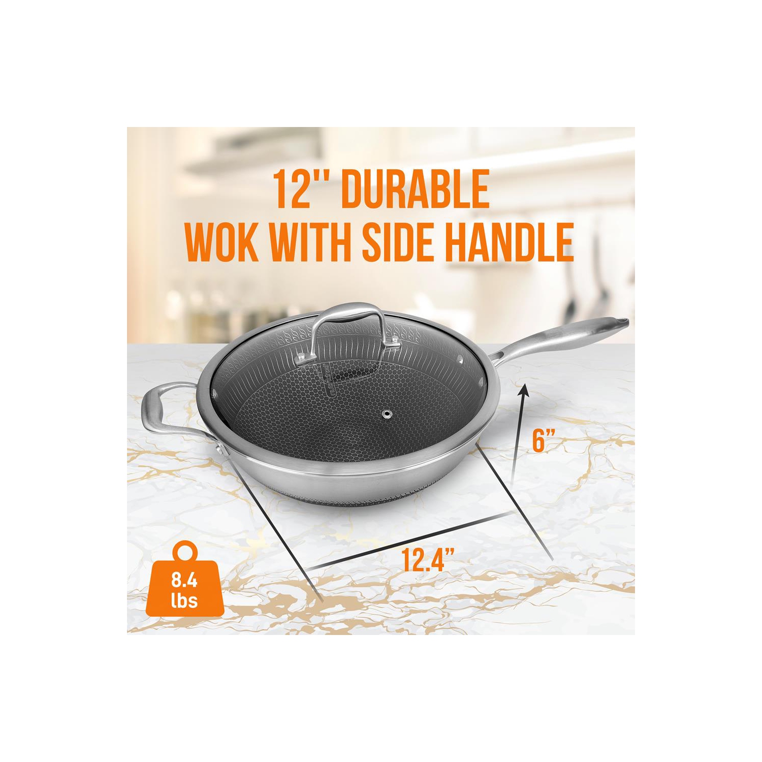 12'' Durable Wok with Side Handle - Triply Stainless Steel Cookware, DAKIN Etching Non-Stick Coating Inside and Outside