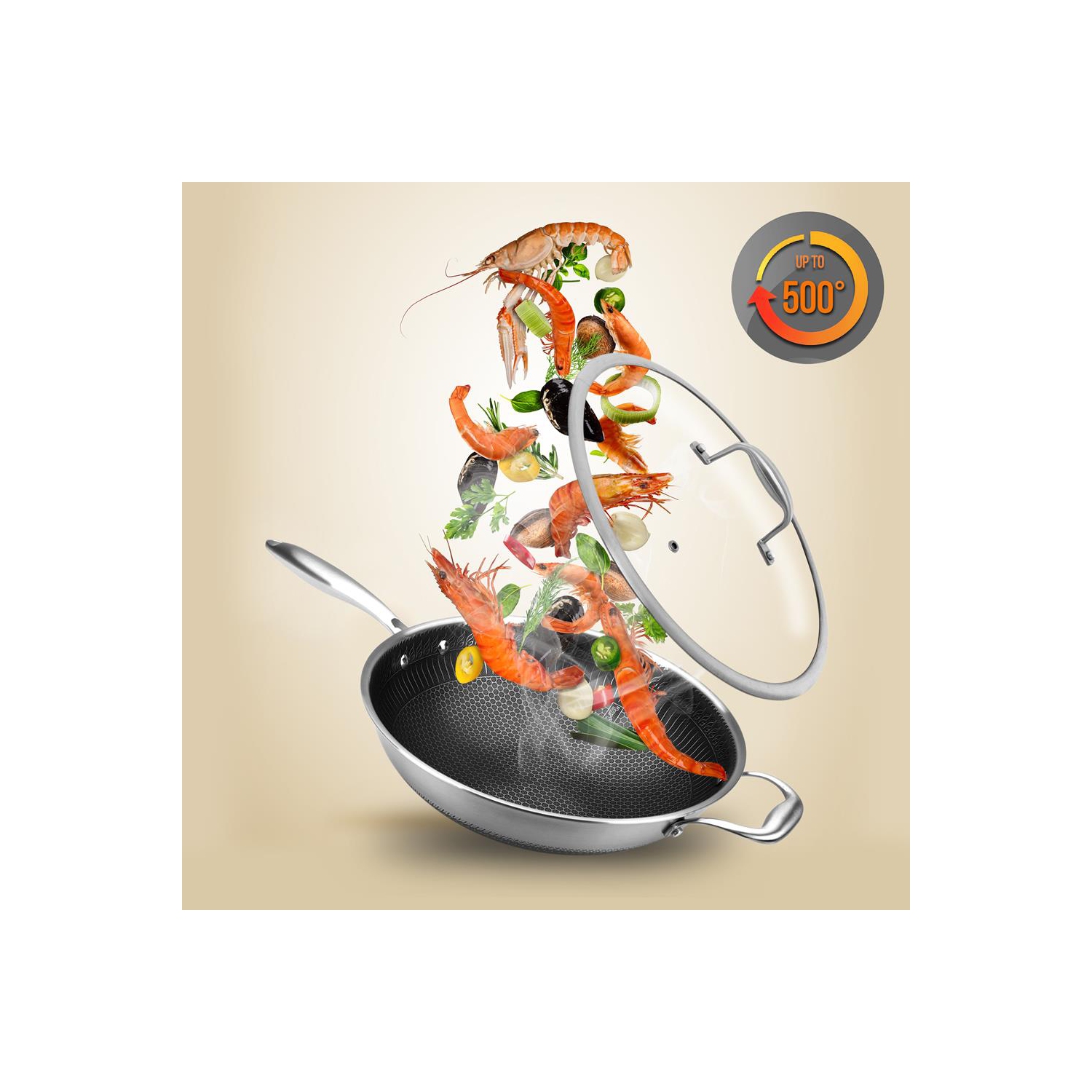 12'' Durable Wok with Side Handle - Triply Stainless Steel Cookware, DAKIN Etching Non-Stick Coating Inside and Outside