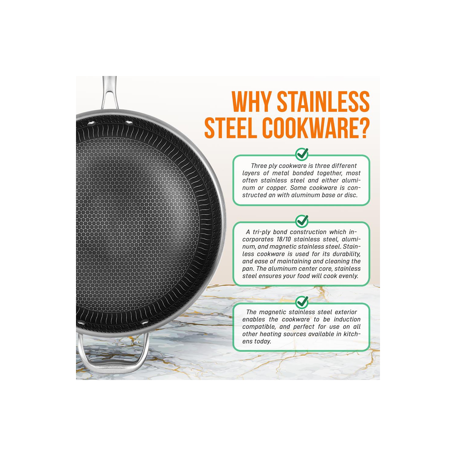 12'' Durable Wok with Side Handle - Triply Stainless Steel Cookware, DAKIN Etching Non-Stick Coating Inside and Outside