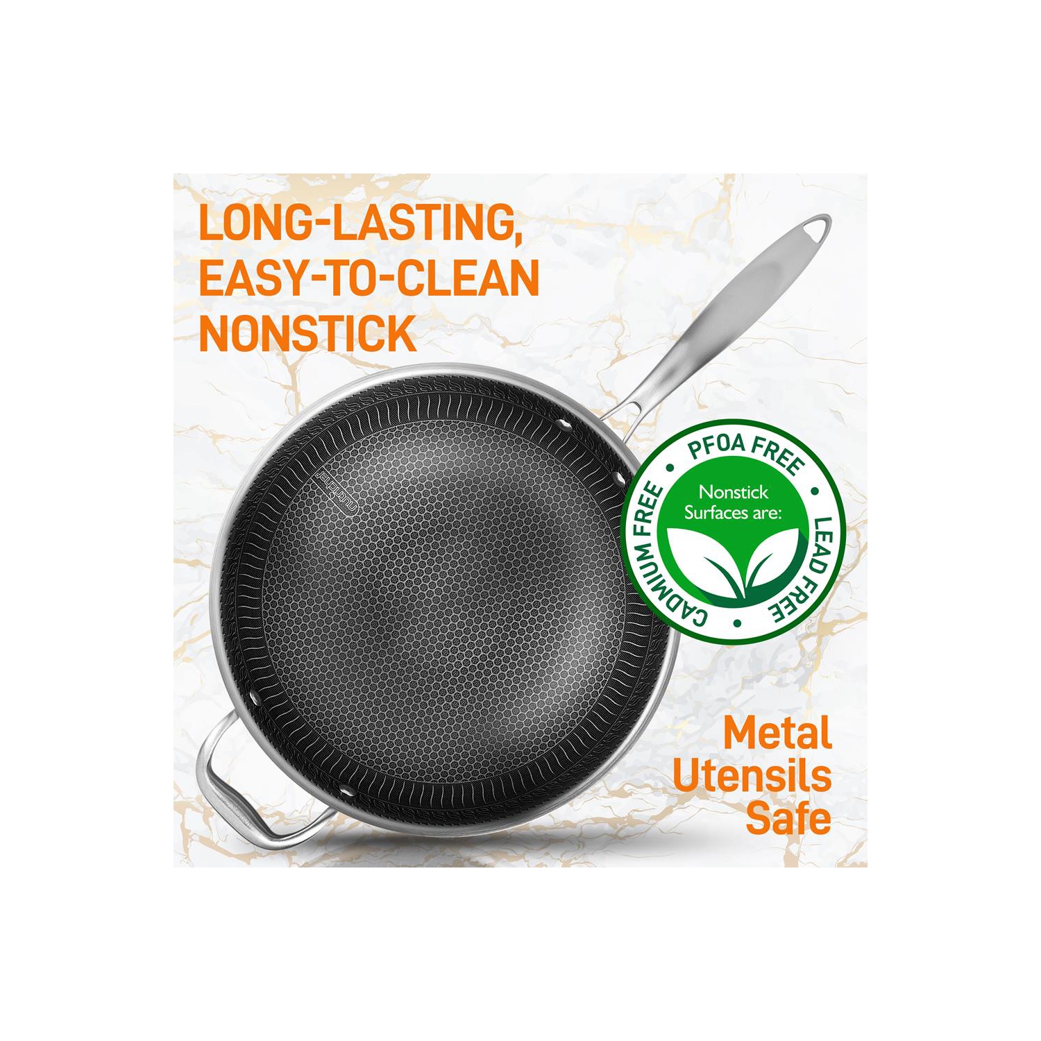 12'' Durable Wok with Side Handle - Triply Stainless Steel Cookware, DAKIN Etching Non-Stick Coating Inside and Outside