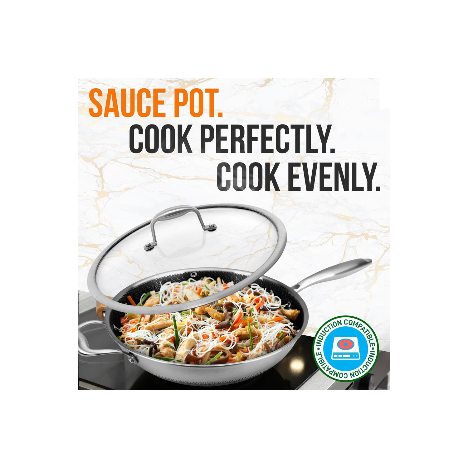 12'' Durable Wok with Side Handle - Triply Stainless Steel Cookware, DAKIN Etching Non-Stick Coating Inside and Outside