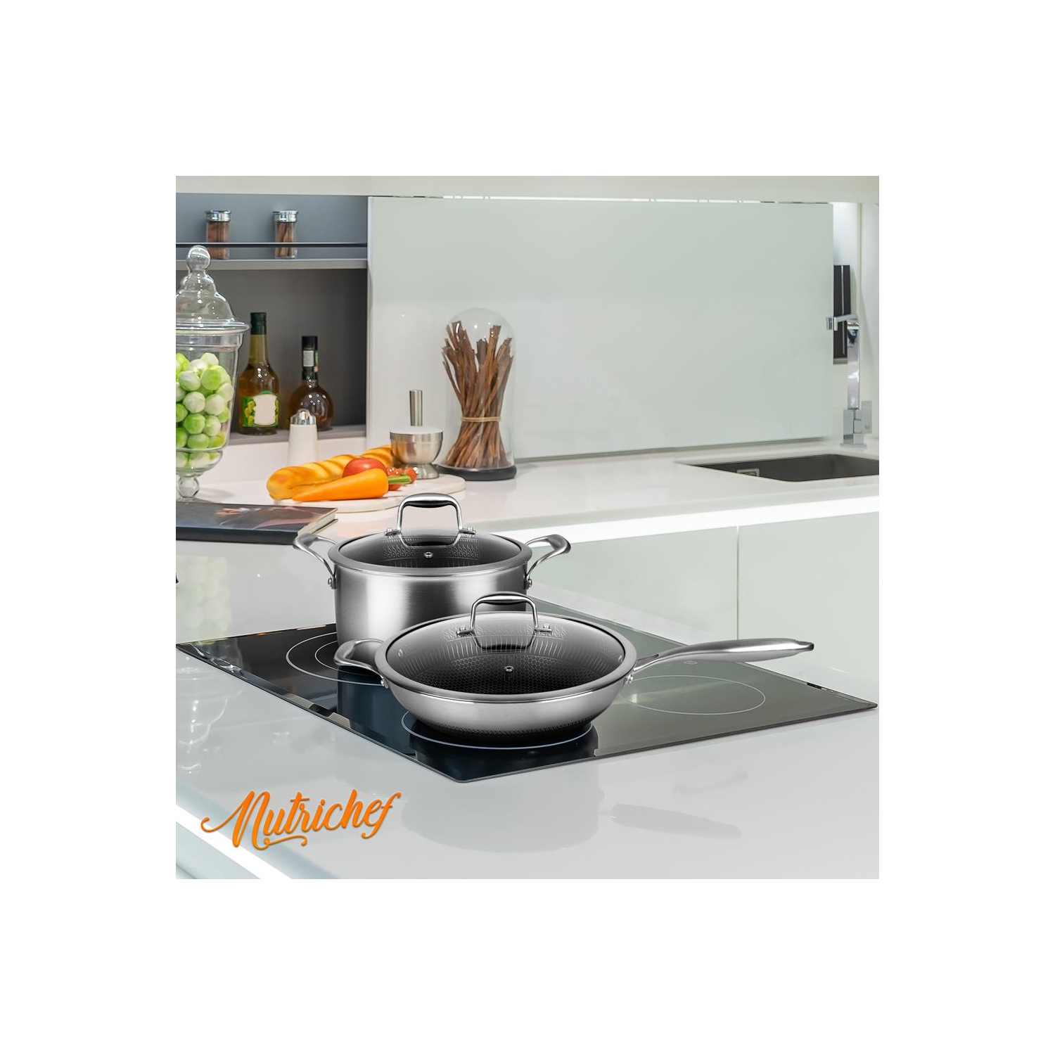 12'' Durable Wok with Side Handle - Triply Stainless Steel Cookware, DAKIN Etching Non-Stick Coating Inside and Outside